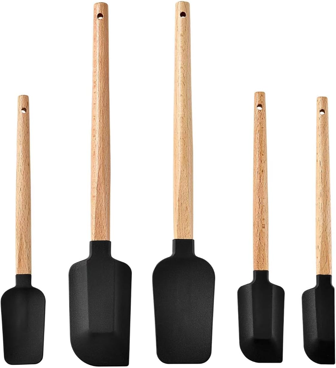Silicone Spatula Set 5-Piece, Food Grade Heat Resistant 600°F, Wooden Handle Non-Stick Kitchen Utensils for Cooking & Baking (Black)