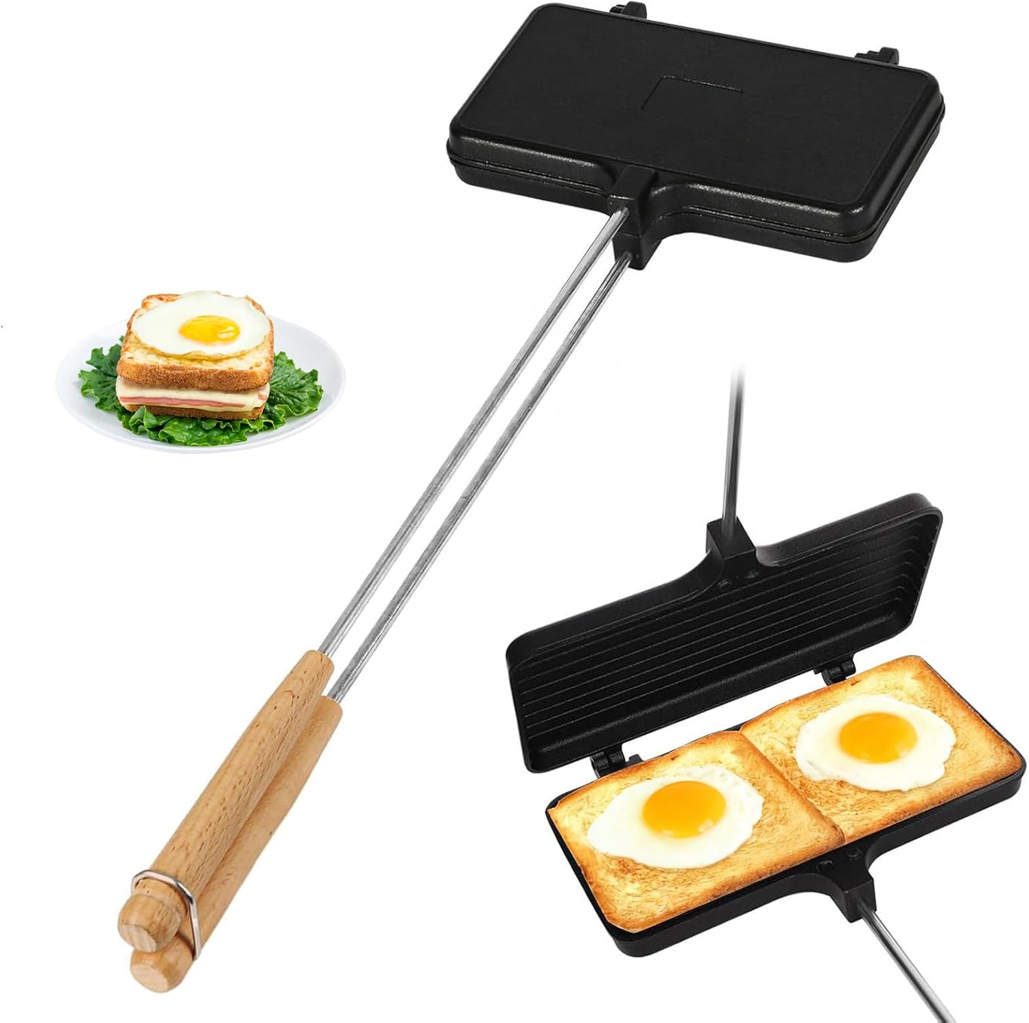 OUKENS Double Pie Irons Sandwich Maker, Campfire Cooking Equipment, Non-Stick Pie Irons for Camping with Removable Handles, Cast Iron Campfire Pudgy Maker, Sandwich Press for Camping