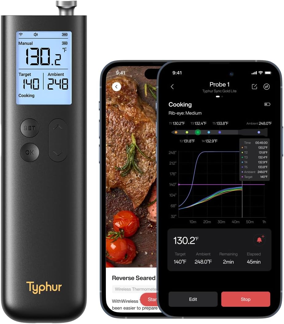 Typhur Sync Gold Wireless Meat Thermometer, Enhanced 10X Sub-1G Signal and Stability, WiFi Unlimited Range, 6 Sensors, Bluetooth Meat Thermometer for BBQ, Oven, Smoker, Grill, Air Fryer, Gen2