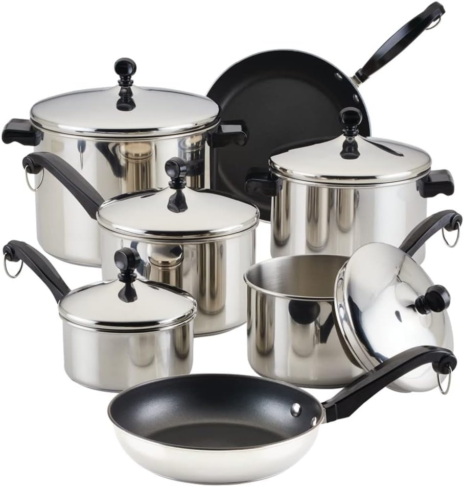 Farberware Classic Series Nonstick Stainless Steel Cookware Set, Pots and Pans Set, 15-Piece