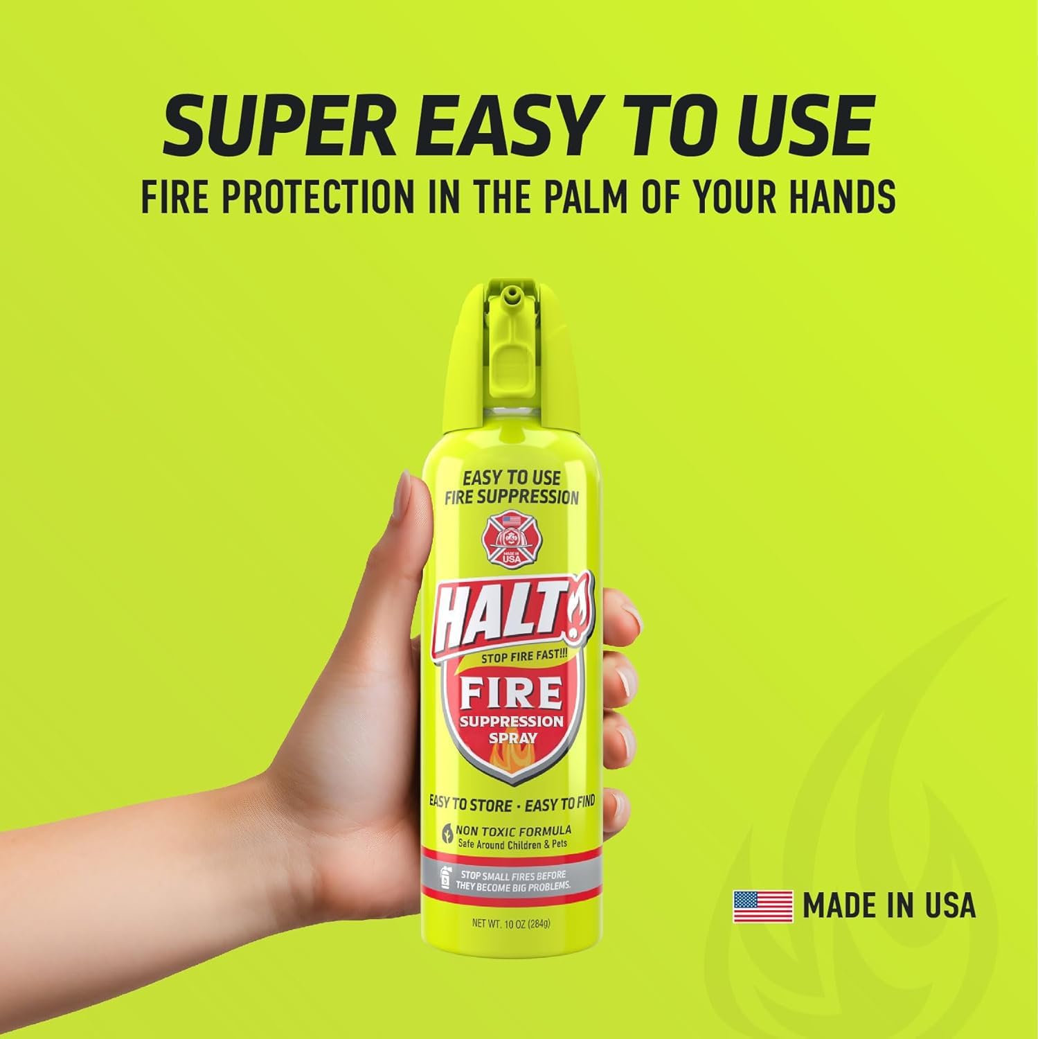 HALT! 10oz Fire Safety Spray – Non-Toxic, PFAS-Free Handheld Fire Suppressor – Easy to Use, Store & Find – Compact & Portable for Home, Kitchen, Car, BBQ, Camping & Tailgate – Made in USA (Single)