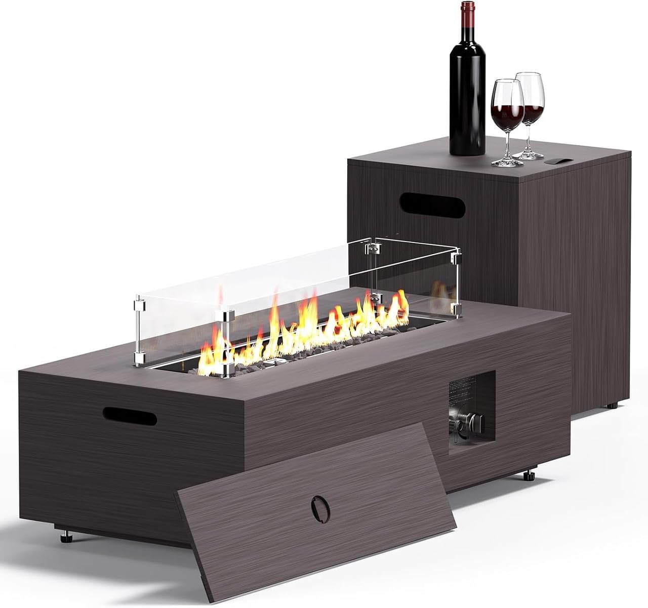Jocoevol Fire Pit Table 50,000 BTU 42″ Rectangular Propane Fire Pit Outdoor with Wind Guard Glass, Lid, Rocks and Cover Gas Fireplace for Deck or Patio