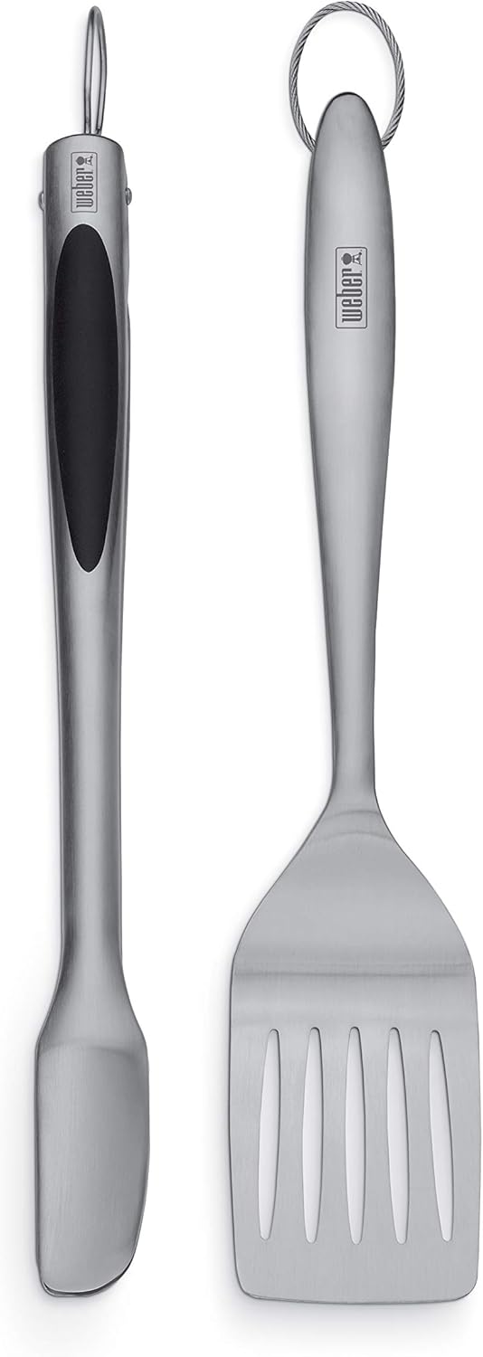 Weber Stainless Steel Style 2‑Piece Barbecue Tool Set – Spatula & Hands‑Free Locking Tongs with Textured Easy‑Grip Handles, BBQ Grilling Accessories
