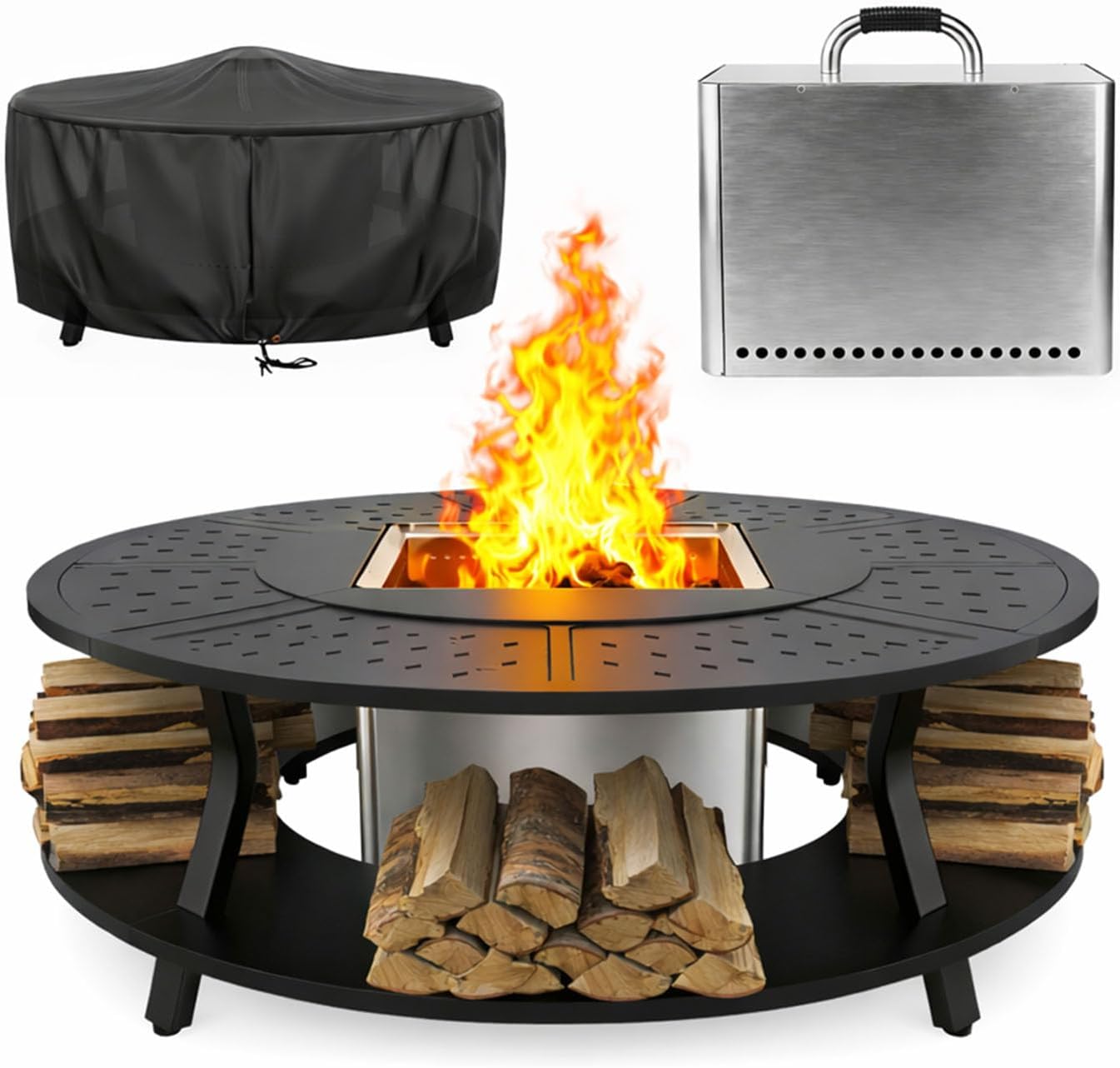 Uniflasy Smokeless Fire Pit and Fire Pit Surround Tabletop, Portable Protective Barrier Equal Width, Safety & Extra Space, 48″ Outdoor Tabletop & 17″ Smokeless Firepit for Backyard, Camping & Party