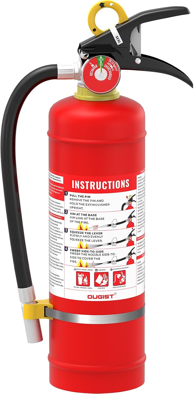 Ougist ABC Dry Chemical Fire Extinguisher, 5 lb – 2-A:10-B：C Rated for Home, Office & Vehicle, Quick Release, Easy-Grip Handle, Ideal for Electrical & Grease Fires, Car Extinguisher, Model FF2KG
