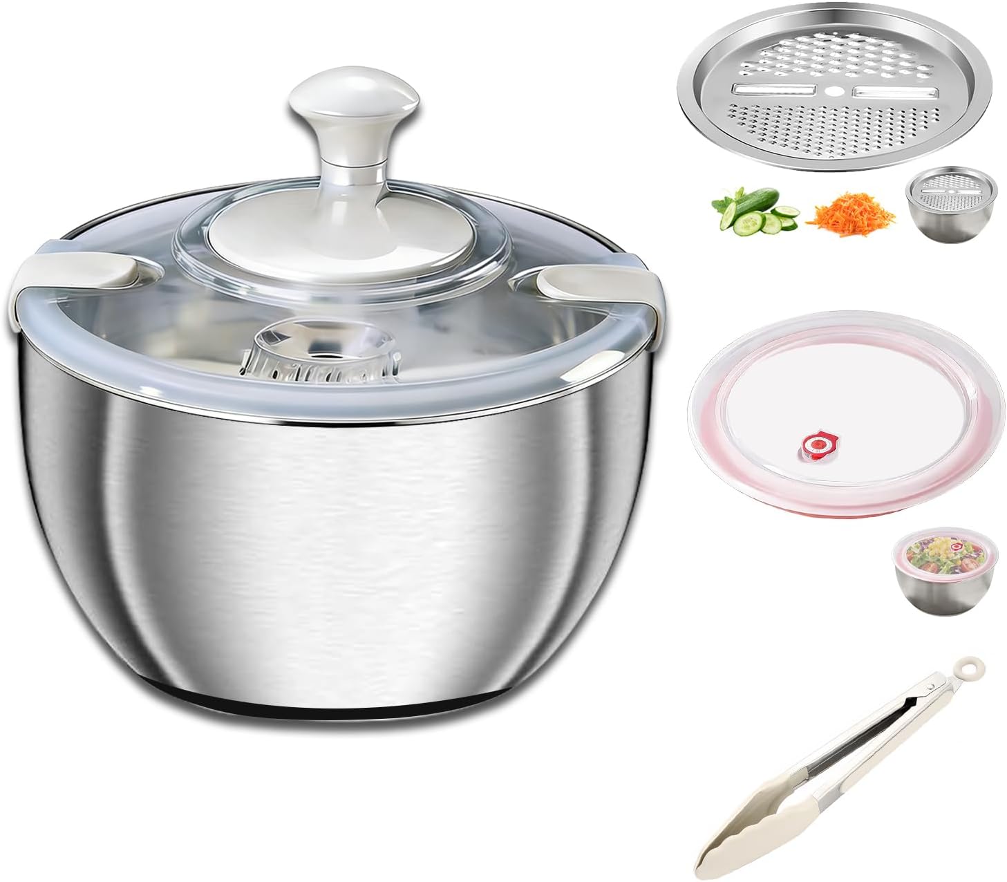Large Salad Spinner with Storage Lid，5.29QT Stainless Steel Spin Dry Salad Greens Fruit Washing Bowl with Strainer Vegetable Cleaner washer Lettuce Spinner with slicer and julienne cutter