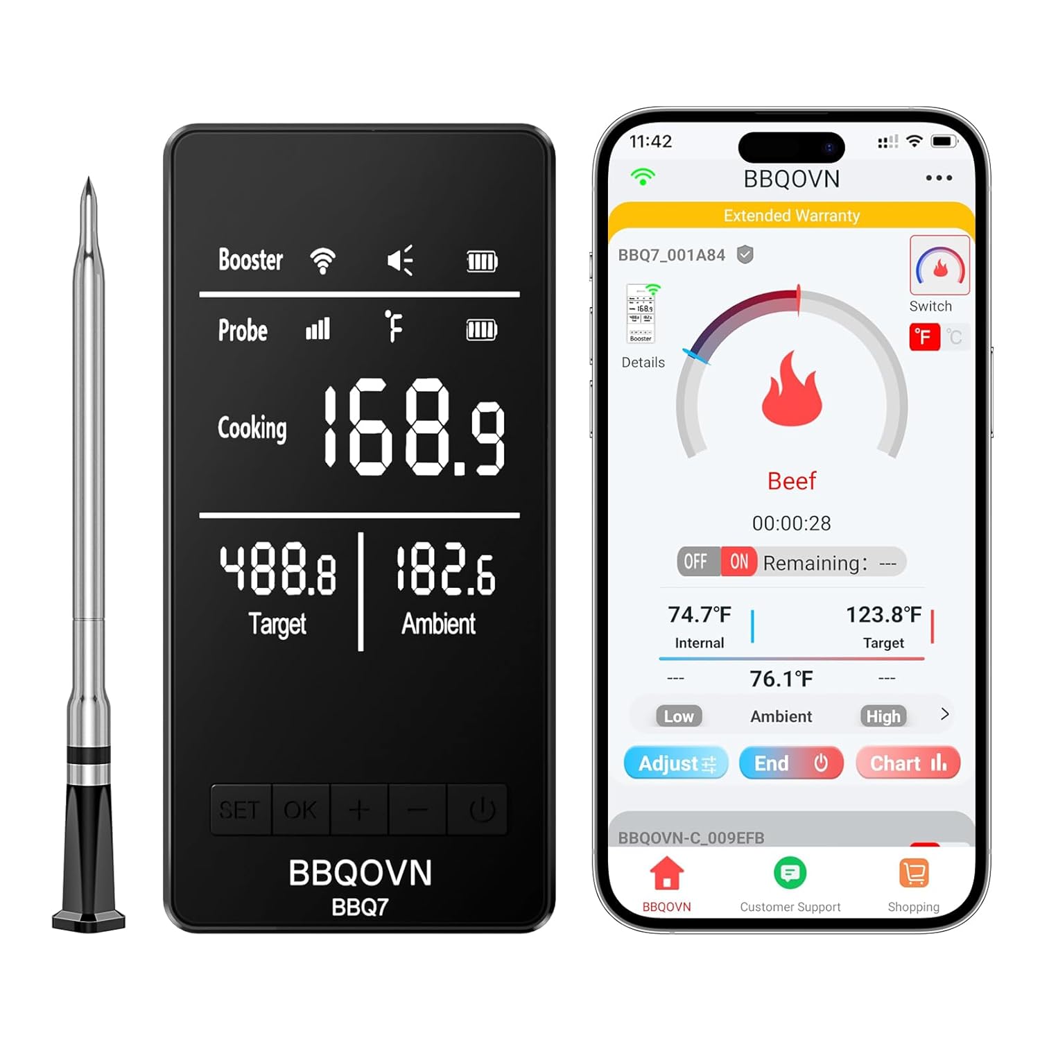 BBQOVN Smart WiFi Wireless Meat Thermometer, Sub-1G 656FT Range, 7-Sensor Probe, Standalone LED Base, IP68 Waterproof, APP Remote for BBQ Grill Smoker Oven