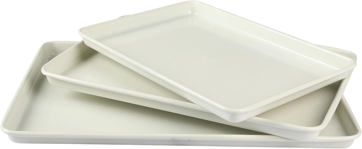 Martha Stewart Gallen 3-Piece Cookie Sheet Set – 13″, 15″, 17″ Baking Pans, Ceramic Nonstick, PFA-Free, Carbon Steel – Oven Safe to 450°F, Warp-Resistant, Easy to Clean – Linen White