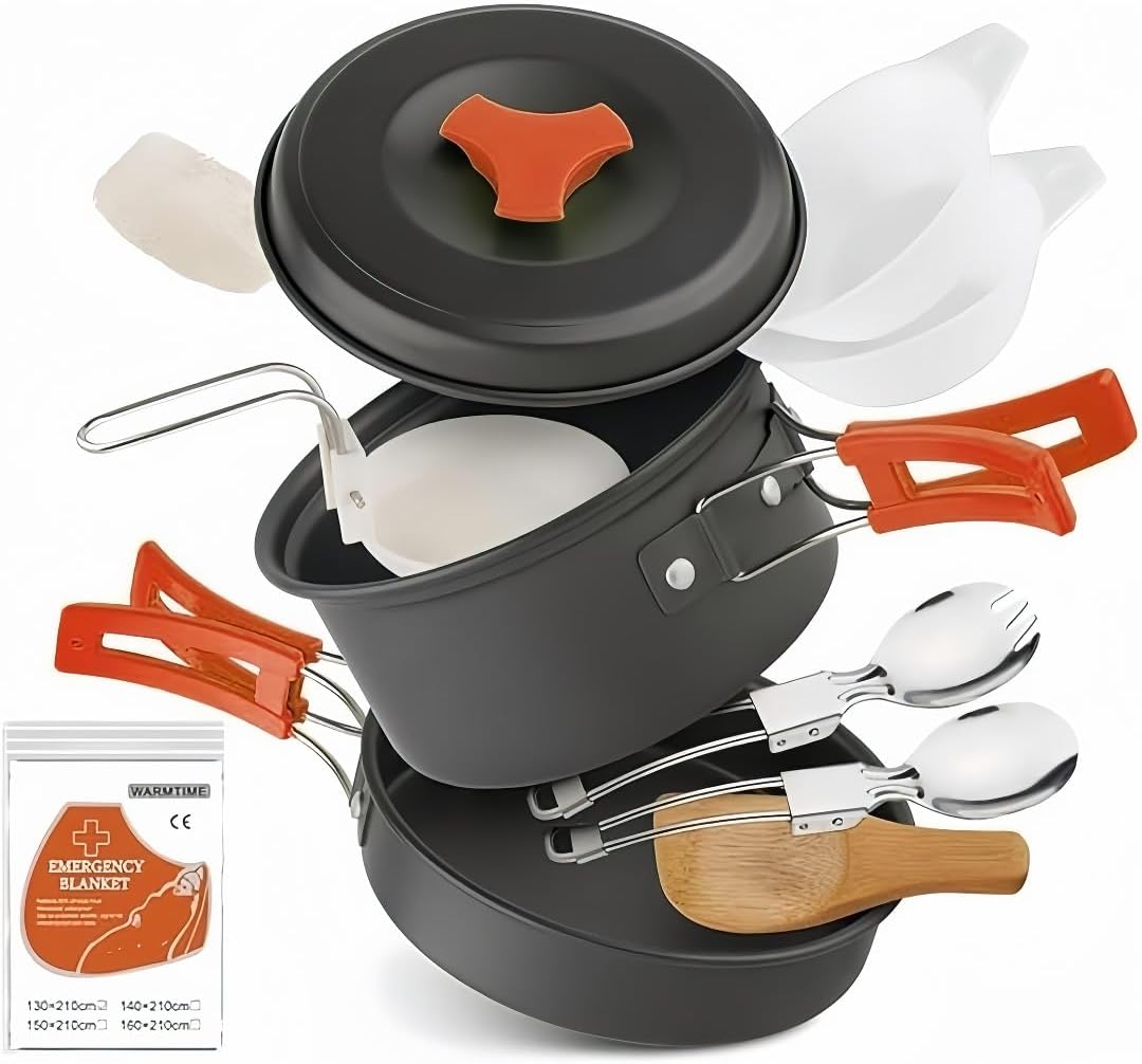 Voyage Living 12 PCS Lightweight Camping Cookware Set – Non-Stick Pots, Pans & Utensils for Backpacking, Hiking – Compact Mess Kit for 1-2 People, Gift with Emergency Blanket