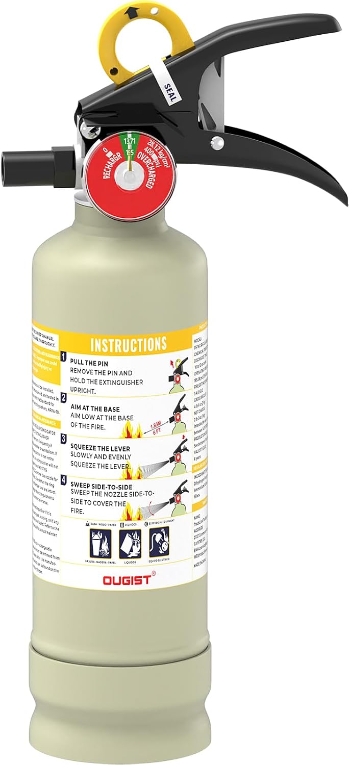 Ougist ABC Dry Powder Fire Extinguisher, 2.5lb – 1-A:10-B：C Rated for Home, Office & Vehicle, Quick Release, Easy-Grip Handle, Ideal for Electrical & Grease Fires, Car Extinguisher, Model FF1KG