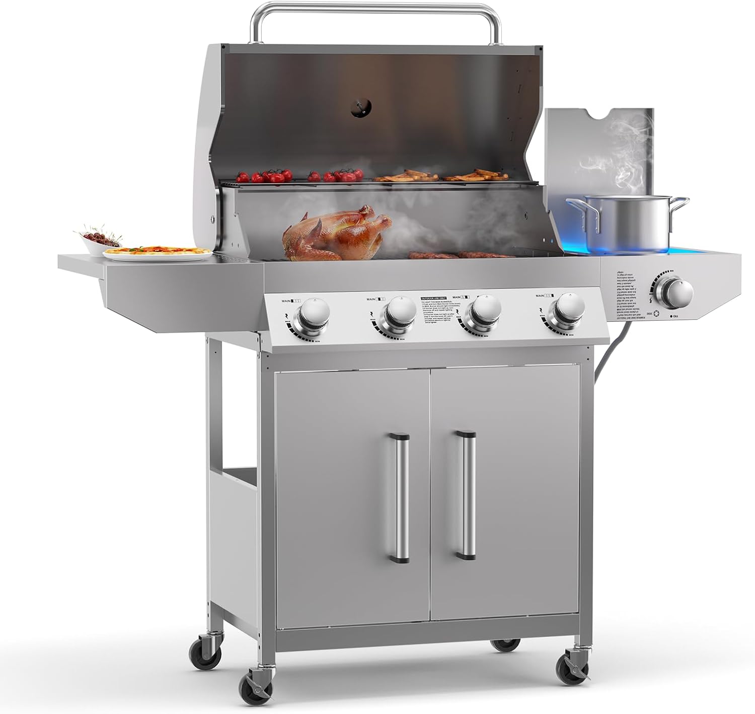 4 Burner Propane BBQ Grill with Side Burner, Stainless Steel Gas Grill with Built-in thermometer, 58,000 BTUs Output for Outdoor Cooking and Patio Backyard Barbecue