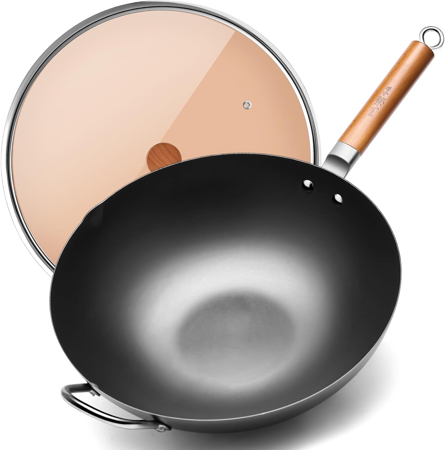 WANGYUANJI Carbon Steel Wok 14.2″, Large Nitriding Flat Bottom Stir Fry Pan with Lid, No Chemical Coating Rust Resistant Iron Skillet for Induction Electric Gas Stoves, Big Capacity Serves 6+