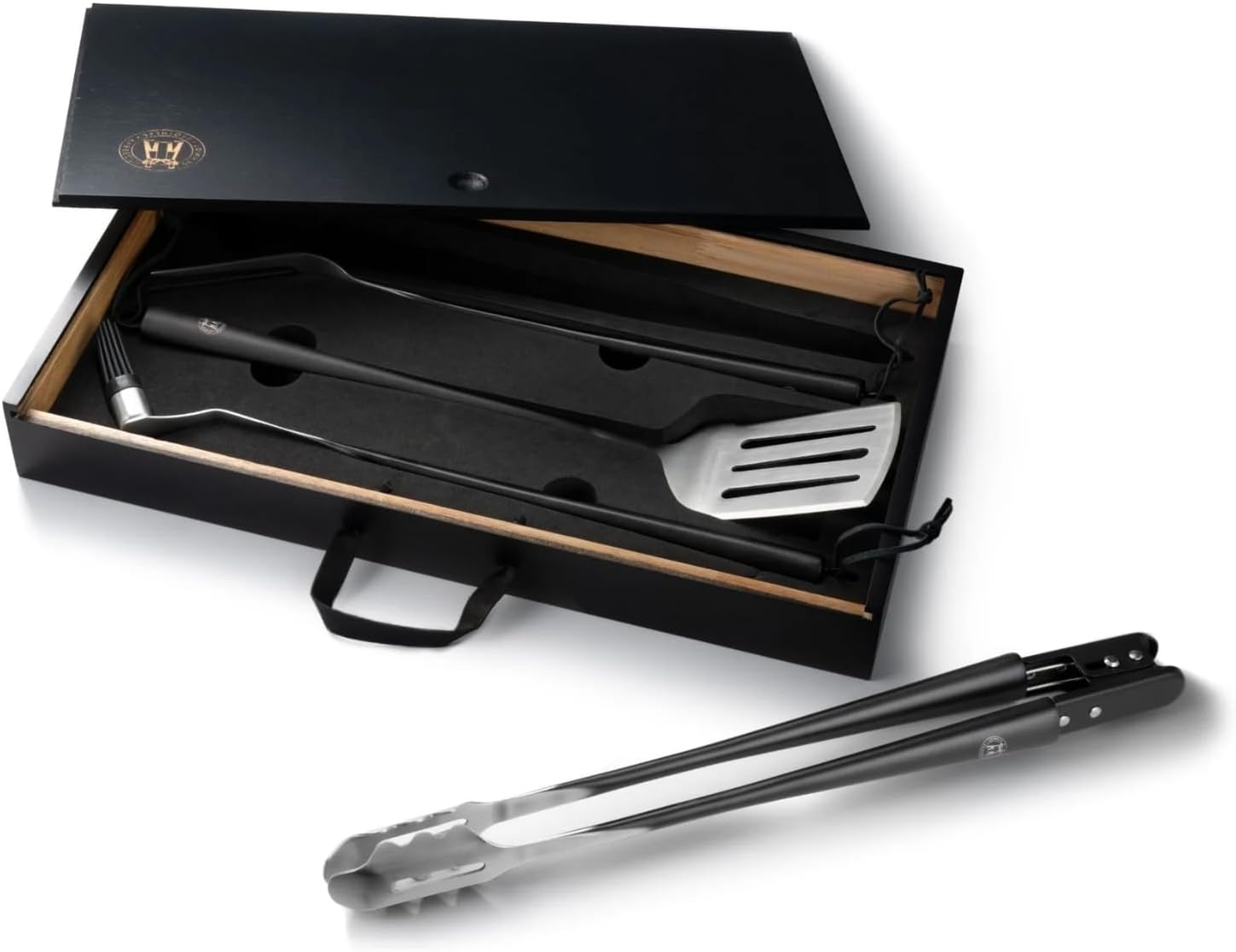 Schmidt Brothers – BBQ Carbon 6, 4-Piece Grilling Accessory Set, Full-Forged Stainless Steel Grilling Utensils Including Spatula, Fork, Basting Brush, and Tongs with All Wood Handles