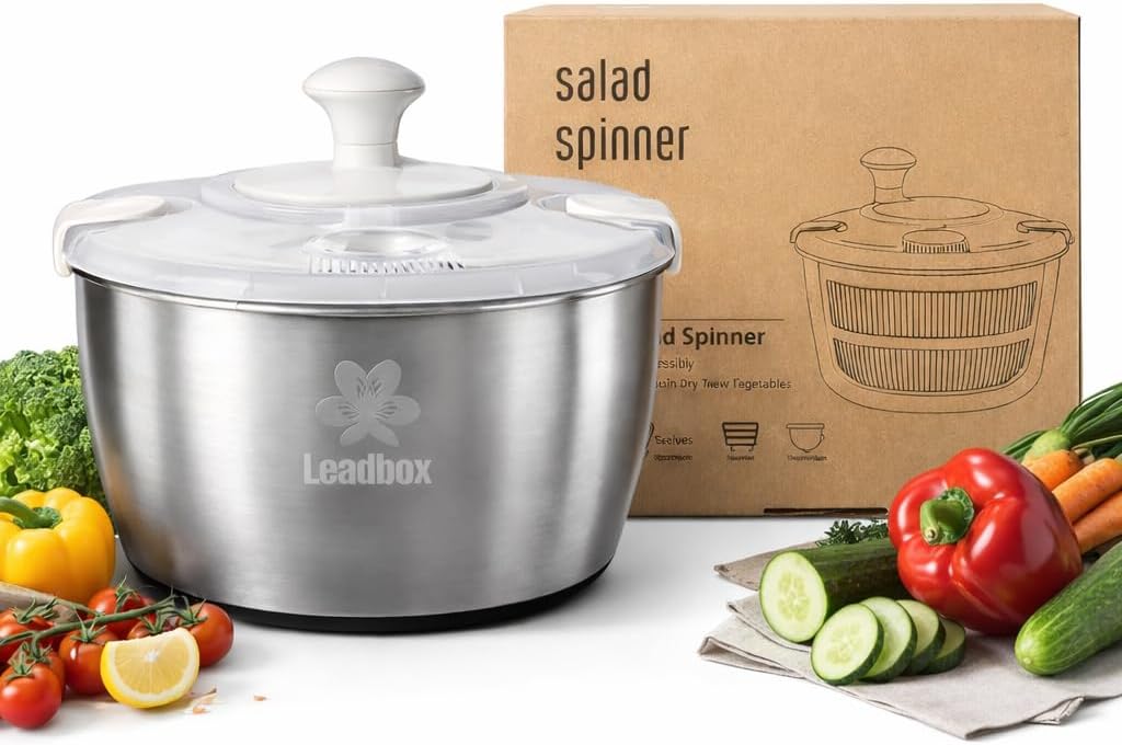Stainless Steel Salad Spinner, 6L Heavy-Duty Lettuce Dryer with Smooth Spin Handle, Large Vegetable Washer & Fruit Rinse Bowl, Non-Slip Base