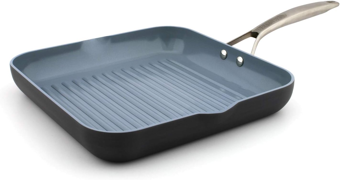 GreenPan Paris Pro Hard Anodized Healthy Ceramic Nonstick, 11″ Square Grill Pan, PFAS-Free, Dishwasher Safe, Grey