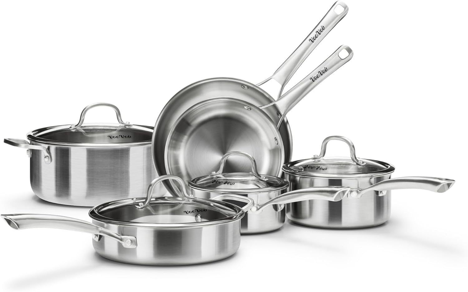 Stainless Steel Cookware Set,Tir-Ply Pots and Pans Set,10 Pcs Stainless Steel Induction Kitchen Cookware Sets,PFOA Free, Frying Pans, Butter warmer,Saute Pan & Stock Pot,Compatible with All Cooktops