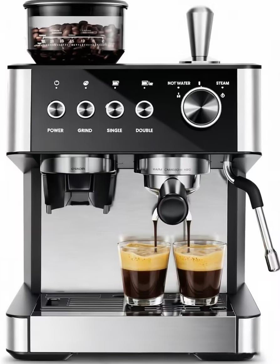 Kismile Espresso Machines with Grinder, 20 Bar Professional Espresso Maker with Removable Water Tank, Hot Water Function,Milk Frother Steam Wand for Latte&Cappuccino(Black)