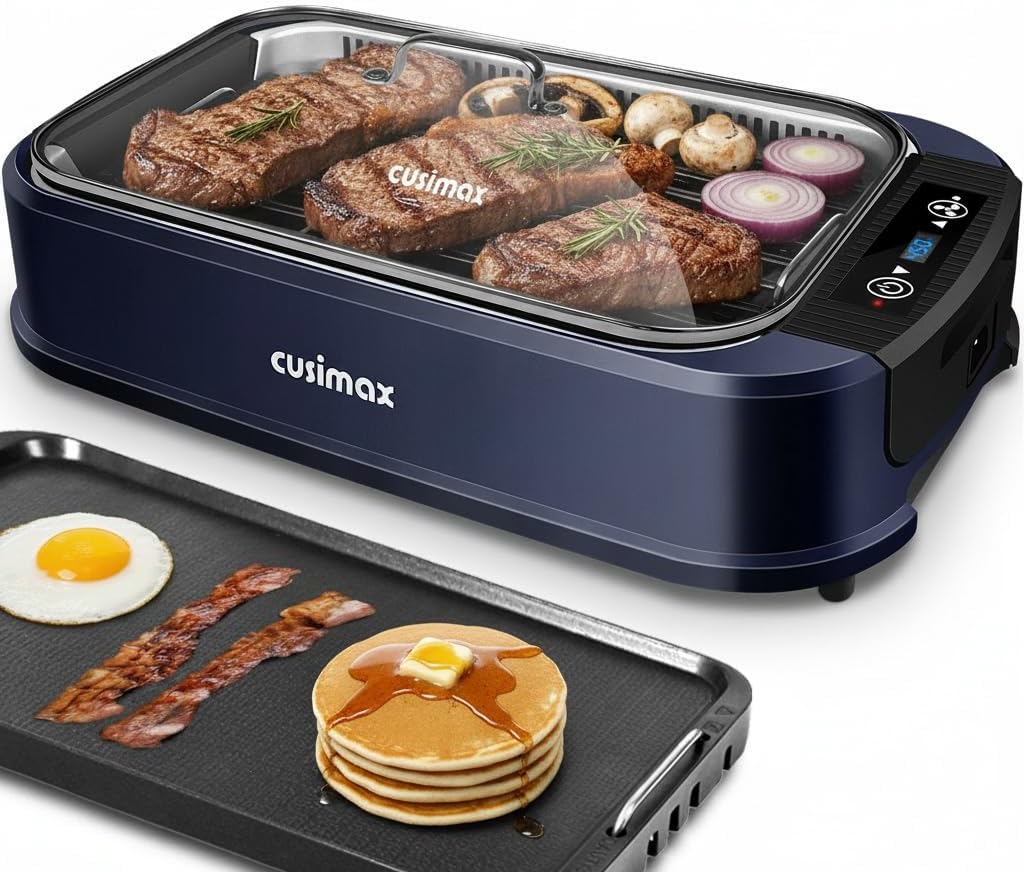 Electric Indoor Grill Griddle, CUSIMAX Smokeless Grill, Portable Korean BBQ with Turbo Smoke Extractor Technology, Non-stick Removable Plate & Griddle Plates