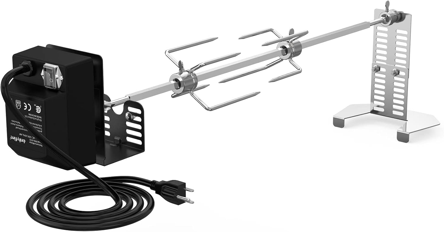 onlyfire Universal BBQ Grill Rotisserie Kit for Most Gas Grills, Include 110V 4W Electric Motor, 4-Prong Meat Forks and 28″ Square Spit Rod