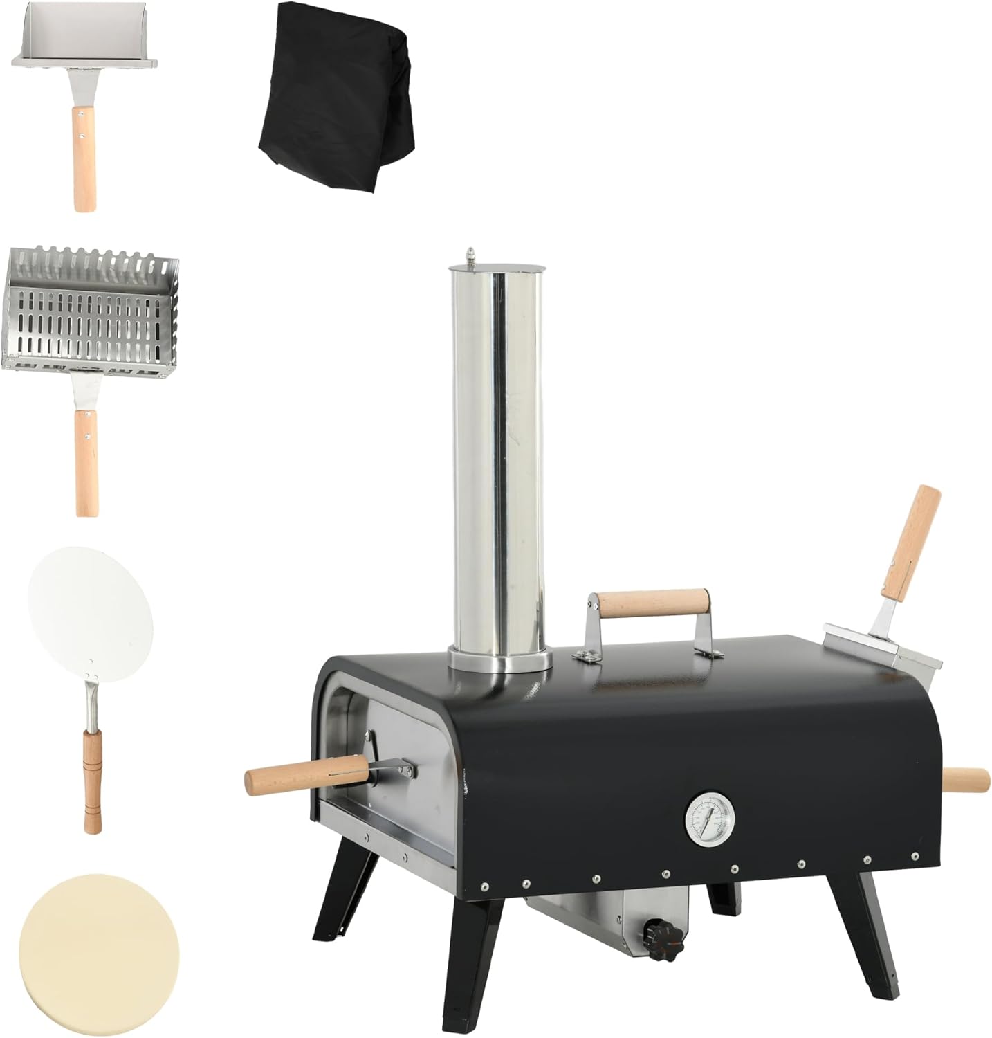 Outsunny Wood Fired Pizza Oven with 12″ Rotating Stone, Peel and Waterproof Cover, Portable Pizza Maker with Foldable Legs, Stainless Steel Pizza Grill for Outside, Backyard and Outdoor Kitchen