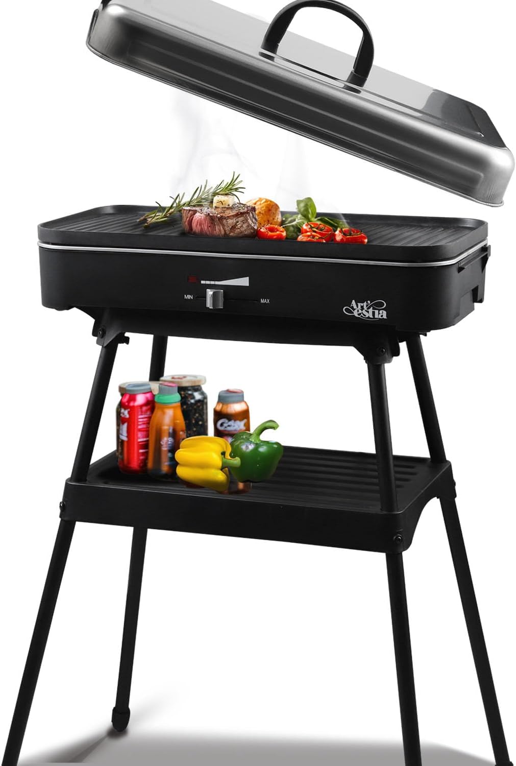 Artestia 1800W Electric Grill, Indoor Outdoor BBQ Grill with Stand, Adjustable Temperature Control, Portable Tabletop Grill for Patio, Balcony & Backyard (Standard Electric Grill)