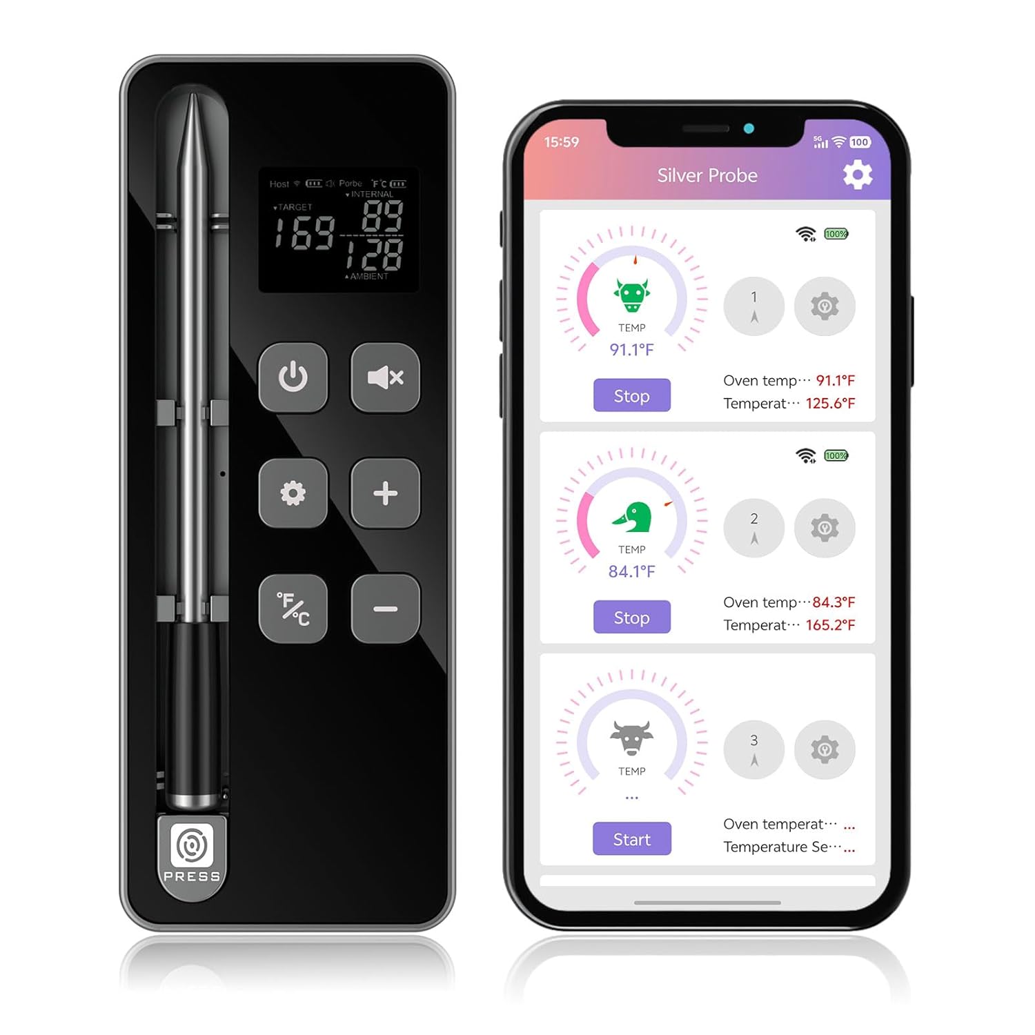 Smart Wireless Meat Thermometer with Display Base – Ultra-Thin Heat-Resistant Probes, Long-Range 10X Signal, WiFi & App Monitoring for BBQ, Grill, Oven, Smoker – iOS & Android