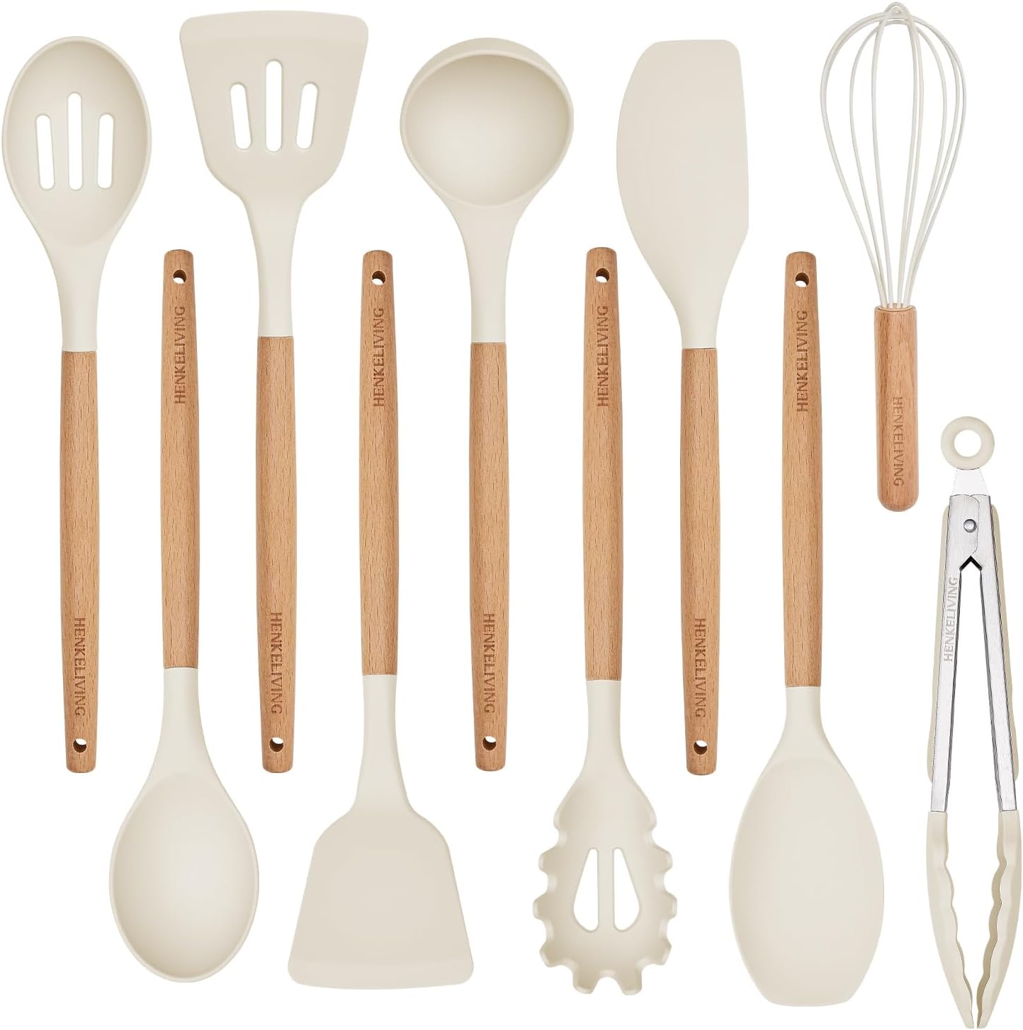 Silicone 10 Pcs Kitchen Cooking Utensils Set, Recycled Materials Certification, BPA Free Spatula Set with Heat Resistant Wood Handles for Nonstick Cookware, Cream White