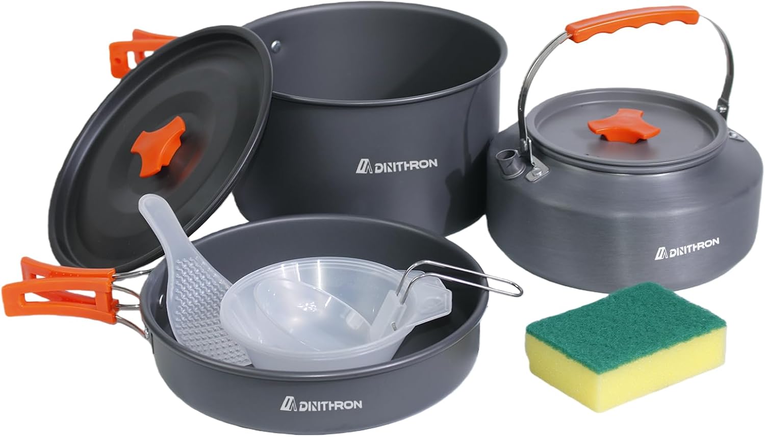 10-Piece Camping Cookware Set with 2L Pot, 1.1L Kettle and Pan | Lightweight backpacking mess kit, durable hard-anodized aluminum fast heat transfer, compact nesting storage, fits 1-3 people