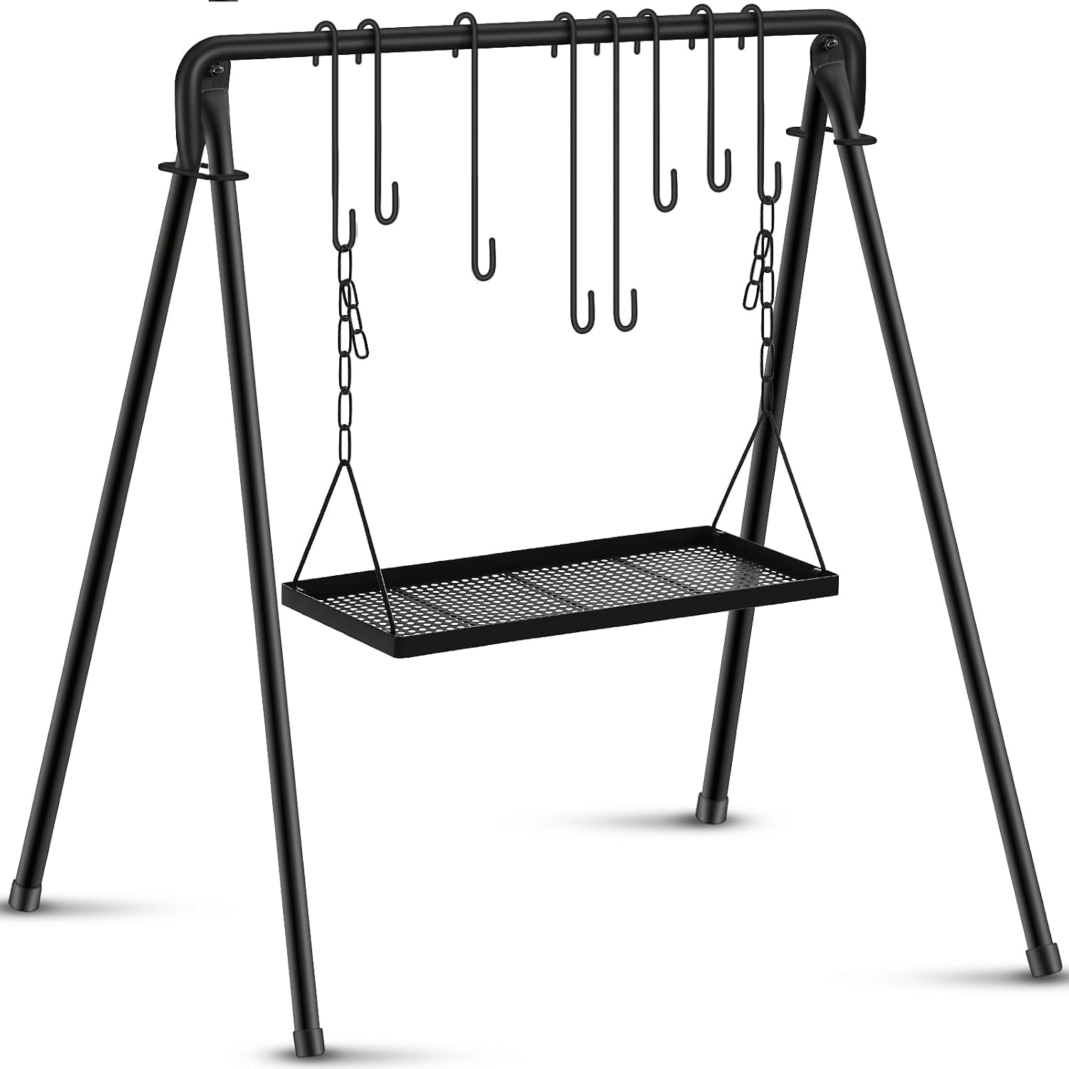 Rossesay Grill Swing Campfire Stand Campfire Cooking Equipment Adjustable Camping Accessories Cookware Hanging Rack with 8 Hooks and Portable Grill Stand for BBQ Picnic Outdoor Party