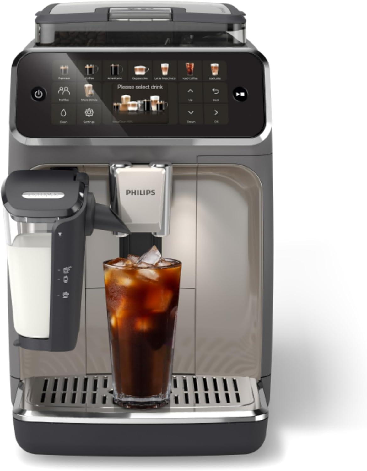 PHILIPS 5500 Series Fully Automatic Espresso Machine, LatteGo Milk System, Integrated Grinder, 20 Hot & Iced Coffee Pre-Sets, Quick Start, SilentBrew, 15-Bar Pressure, Black Chrome (EP5544/94)