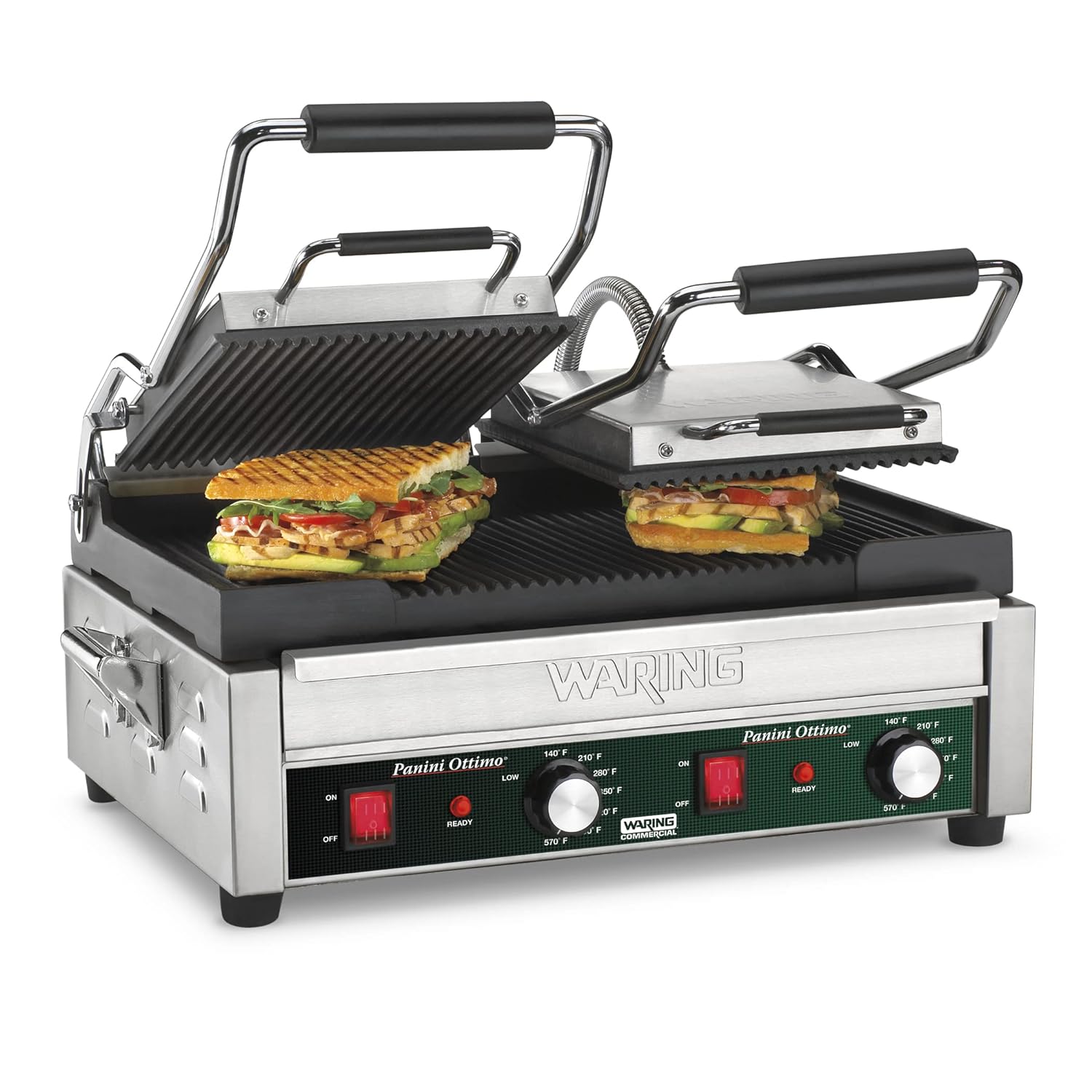 Waring Commercial Panini Press, Ribbed Cast Iron Plates, 17″ x 9.25″ Cooking Surface, 570°F Adjustable Thermostat, for Sandwiches up to 3″ Thick, Professional Kitchen Grill, 240V, WPG300