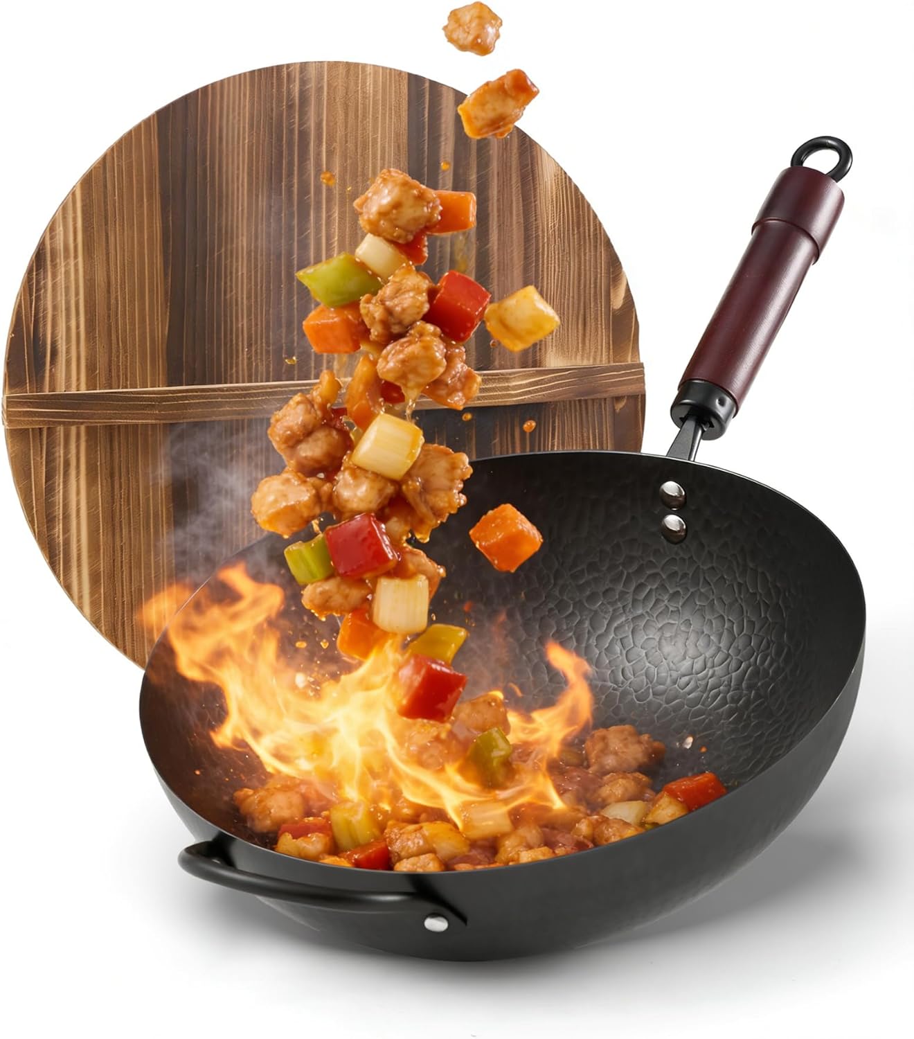 FGJ Wok Pan, Carbon Steel Wok, Woks & Stir-Fry Pans Nonstick, 13 Inch Wok Pan with Wooden Lid, Pre-Seasoned Carbon Steel Cookware, 5.8QT Flat Bottom Chinese Wok Pan, Compatible with All Cooktops