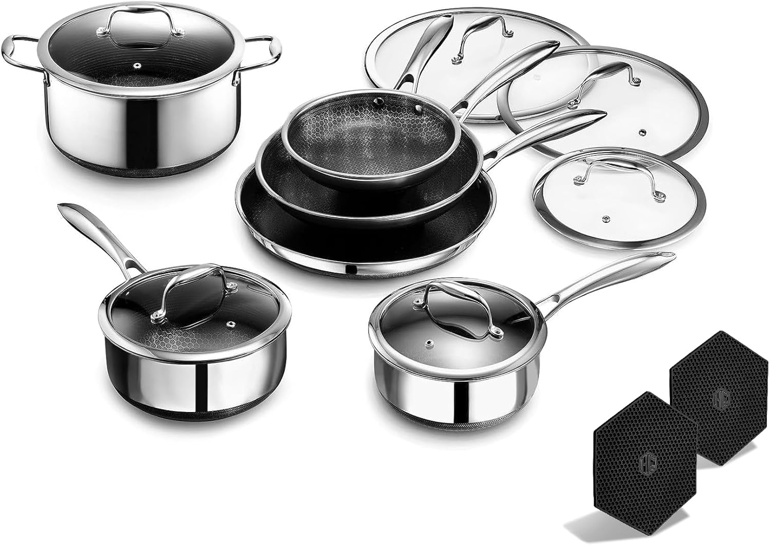 HexClad Hybrid Nonstick 14-Piece Cookware Set, 8″, 10″, and 12″ Pans with Lids, 2, 3, and 8Qt Pots with Lids, and 2 Silicone Trivets, Stay-Cool Handles, Dishwasher and Oven-Safe, Induction Ready
