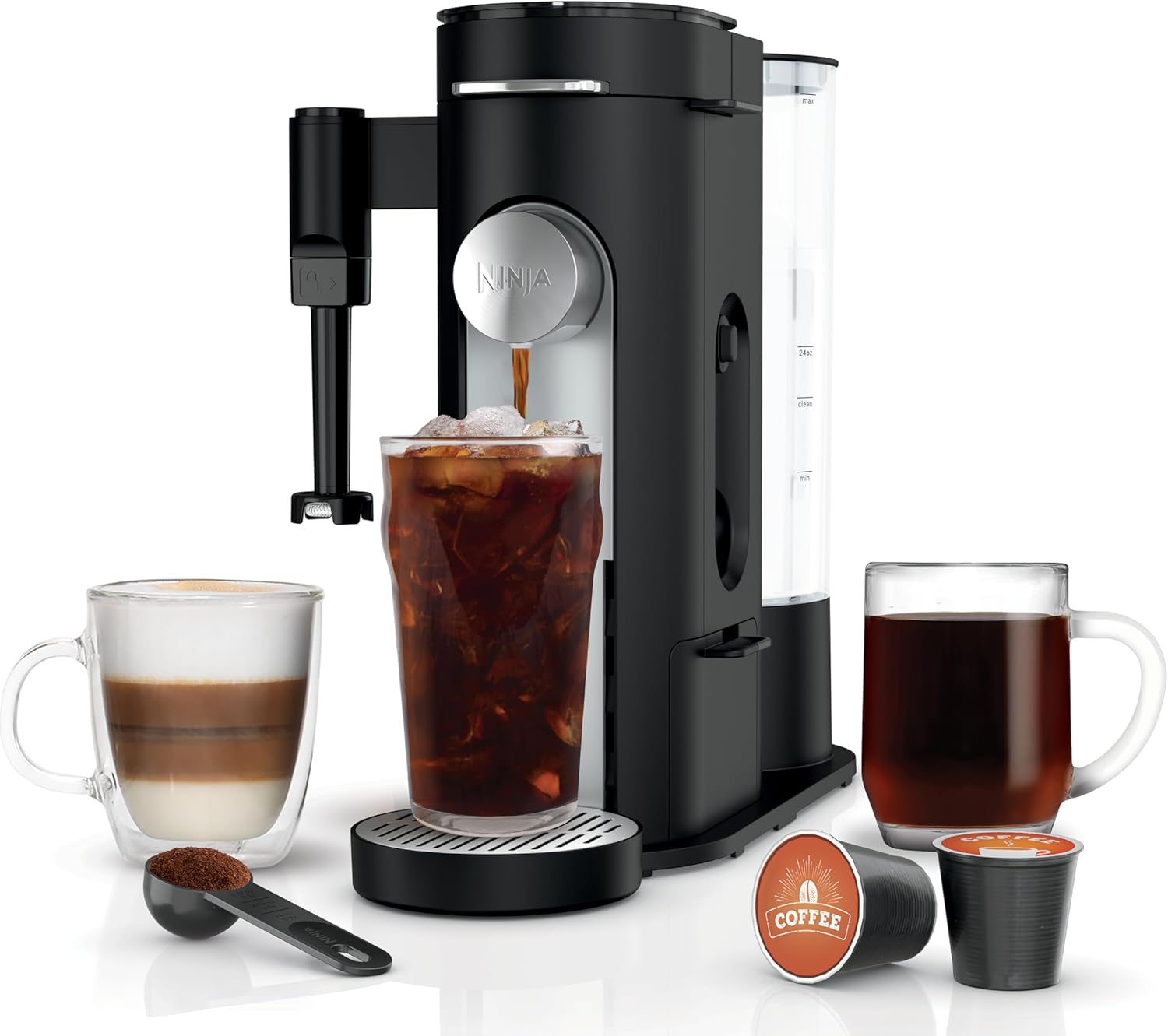 Ninja Coffee Maker, Single Serve, Brew with Coffee Pods and Grounds, Compatible with K-Cup Pods, 4 Styles, up to 24 Ounces Cup Sizes and 56 Ounces Removable Reservoir, Black, PB051