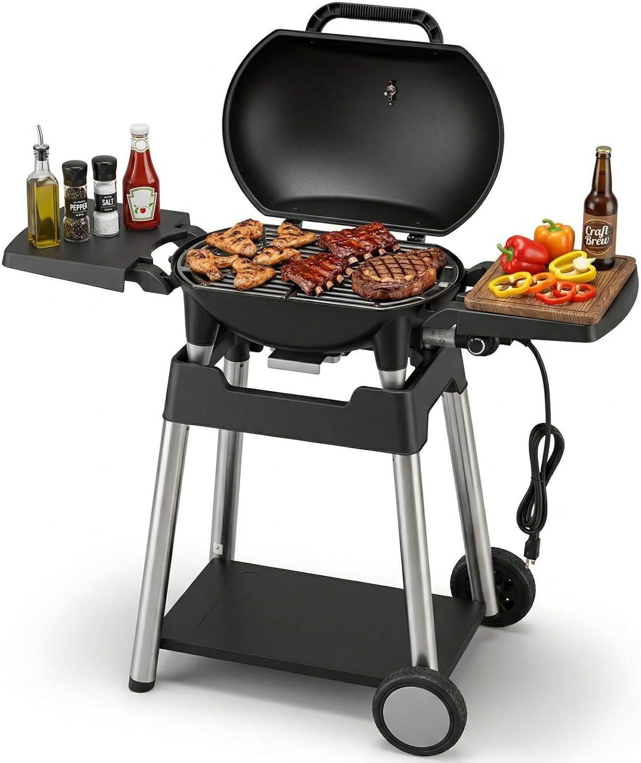 Electric Grill Outdoor Grill, 1500W Power, 277 Sq.In Cooking Area, Removable Wheeled Cart Style, Indoor/Outdoor Eletric Grill, Nonstick Grill Grate, Built-In Thermometer BBQ Grill
