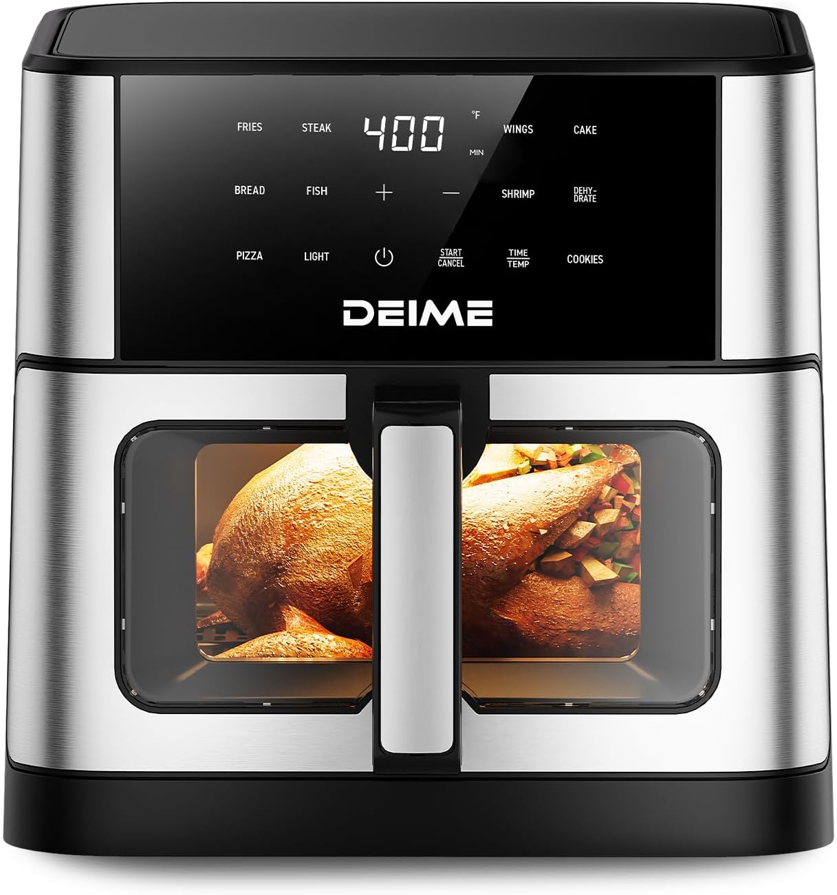 DEIME Air Fryer 10.2 QT, 1700W Large Capacity with 10 Preset, Visual Cooking Window, Non-Stick Basket, Recipe Included (Silver)