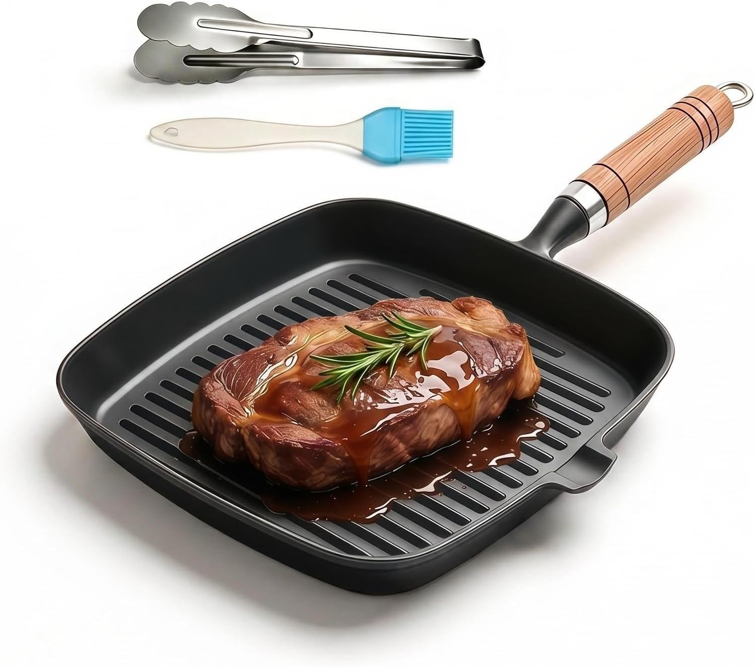Cast Iron Grill Pan, 8.6″ Griddle Pan Skillet with Pour Spout for Searing Steak