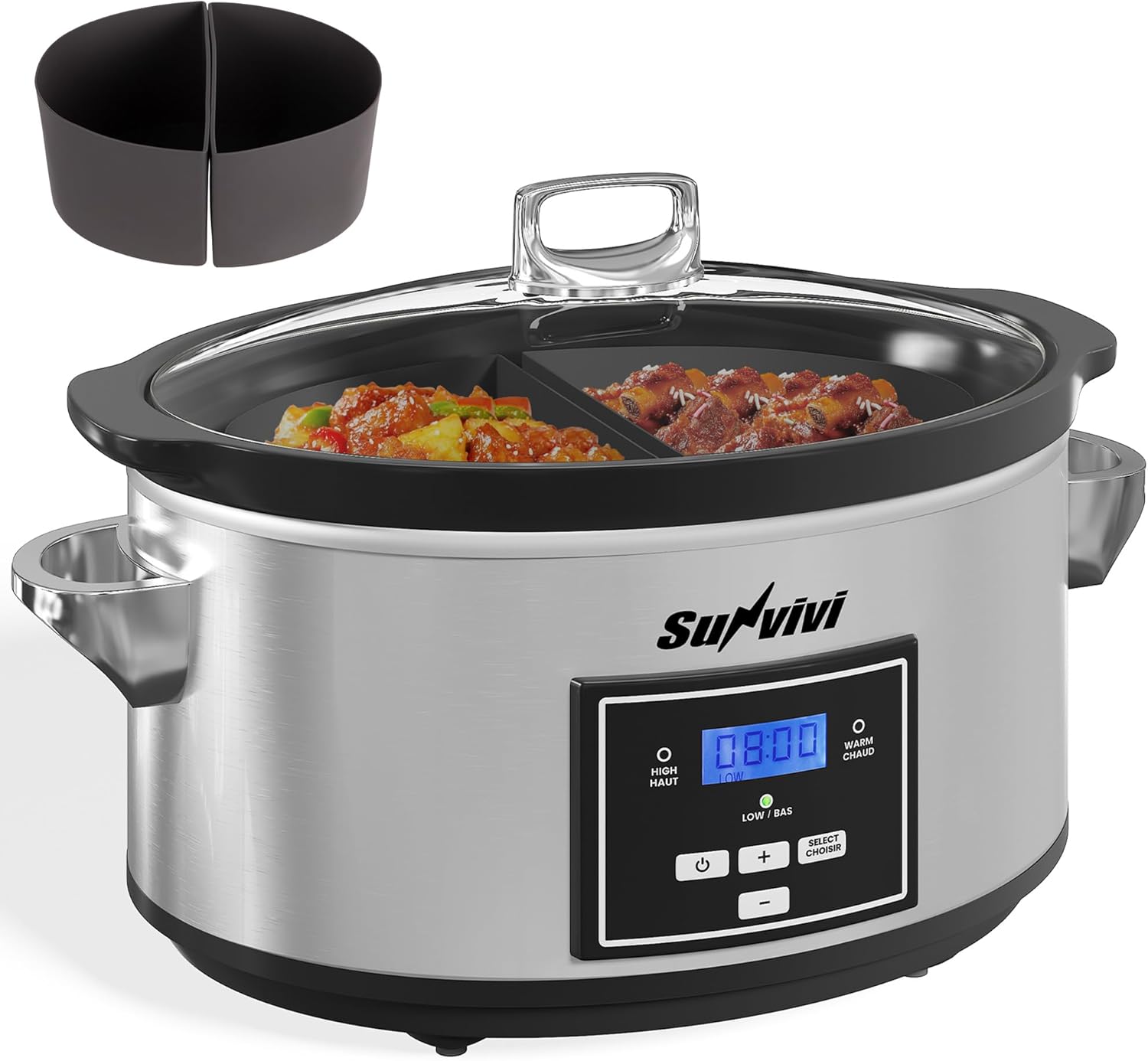 Programmable Slow Cooker, Multi-Cooker with 2 in 1 Silicone Slow Cooker Liners, 6 QT Food Warmer with Digital Timer, 3 Adjustable Temp & Dishwasher Safe Parts, Stainless Steel, Silver