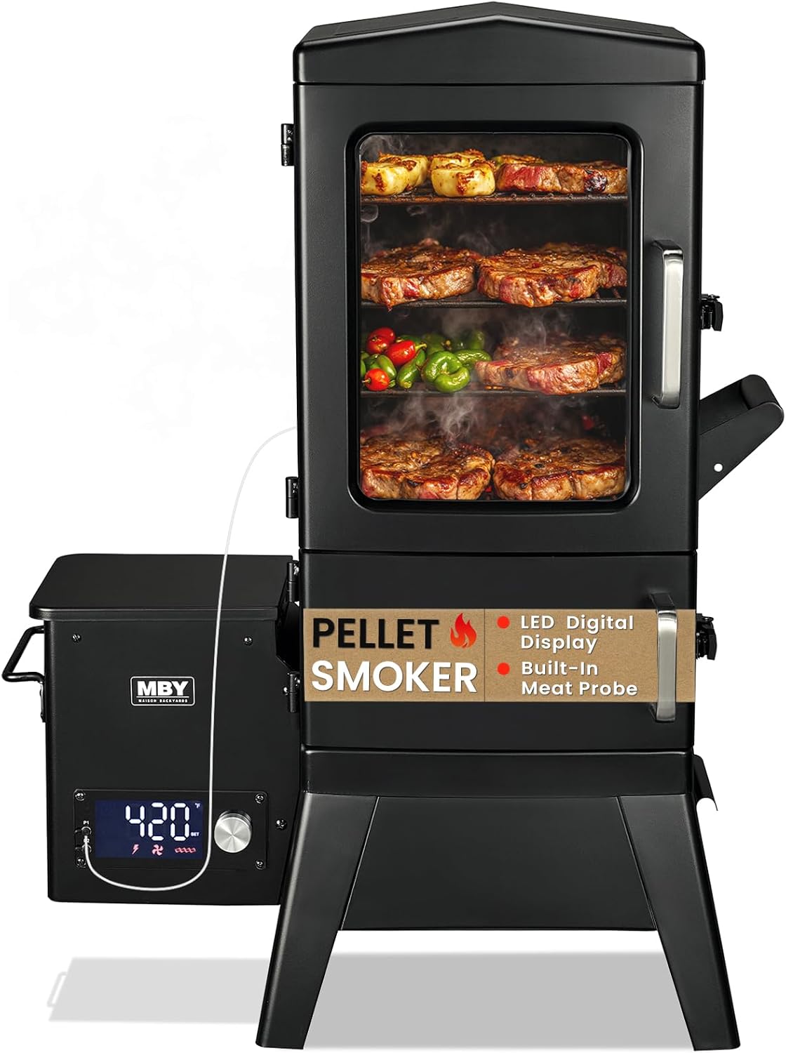 Pellet Smoker with Cover, Electric Wood Pellet Smoker Grill With Meat Probe and Hook, 616 Sq in Cooking Area LED Display Temperature Control, Outdoor Cooking, Patio, Garden Barbecue, Black