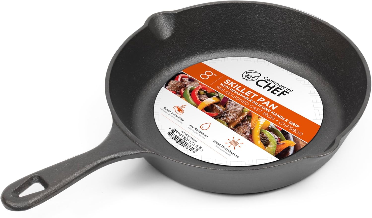Commercial CHEF 8-Inch Cast Iron Skillet Pan, Pre-Seasoned Cast Iron, Integrated Hanging Hole in Handle, Works on All Cooktops Including Induction, Outdoor Skillet for Campfires or Grills, CHFS800