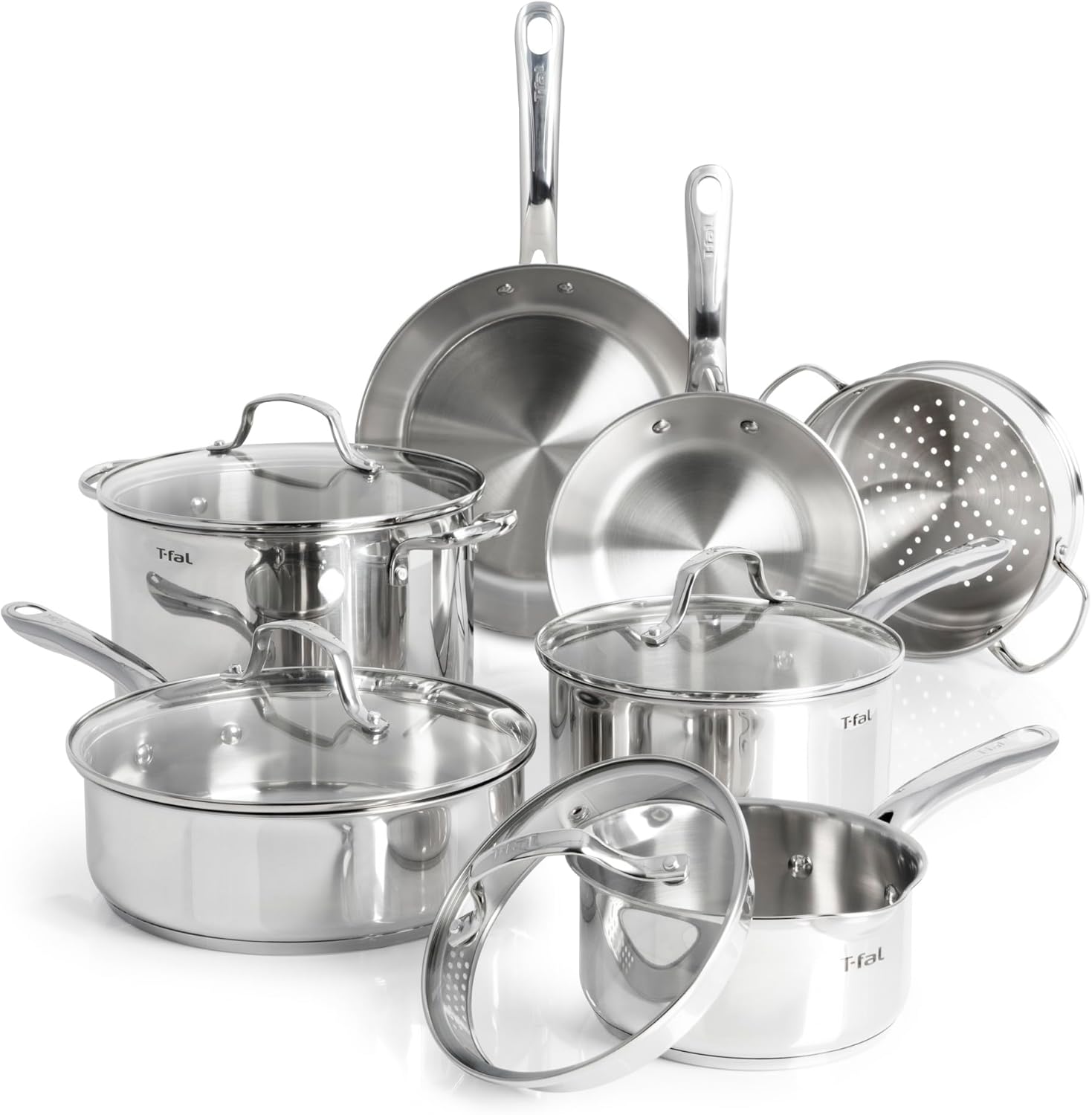 T-fal Stainless Steel Pots and Pans Set 11 Piece, Induction, Oven Broiler Safe 500F, Kitchen Cooking Set w/Fry Pans, Saucepans, Saute Pan, Steamer, Cookware, Dishwasher Safe, Silver