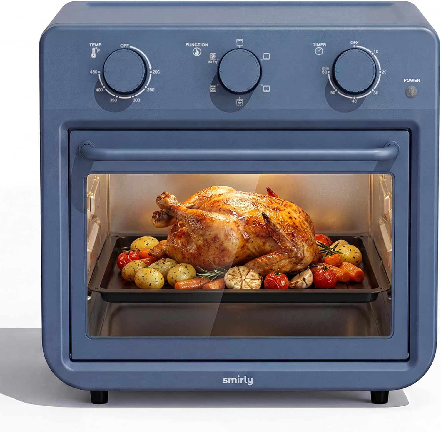 SMIRLY 6-in-1 Air Fryer Toaster Oven Combo, 27QT Convection Oven Countertop, 1800W Oven for Toast, Roast, Bake, Reheat, Broil, Warm, Fits up to a 4 lb Turkey, 12″ Pizza, 6 Toast, Blue