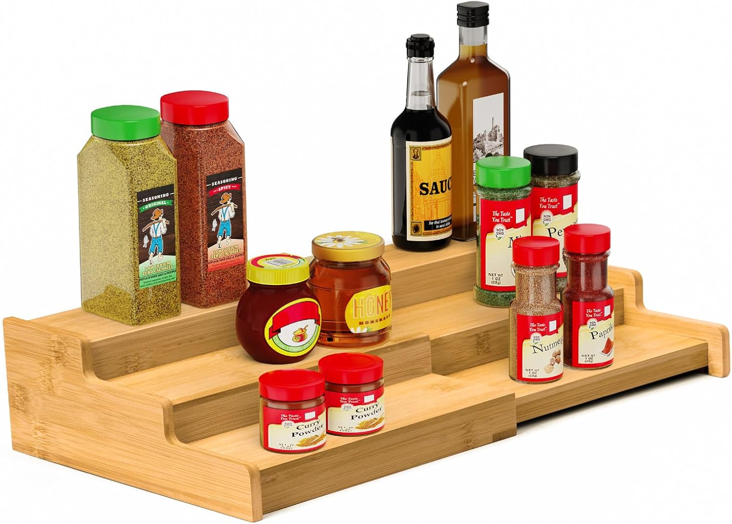 VenDotbi Spice Rack, 3-Tier Expandable Bamboo Spice Rack Organizer for Cabinet – Kitchen, Pantry and Cupboard Storage Organizer