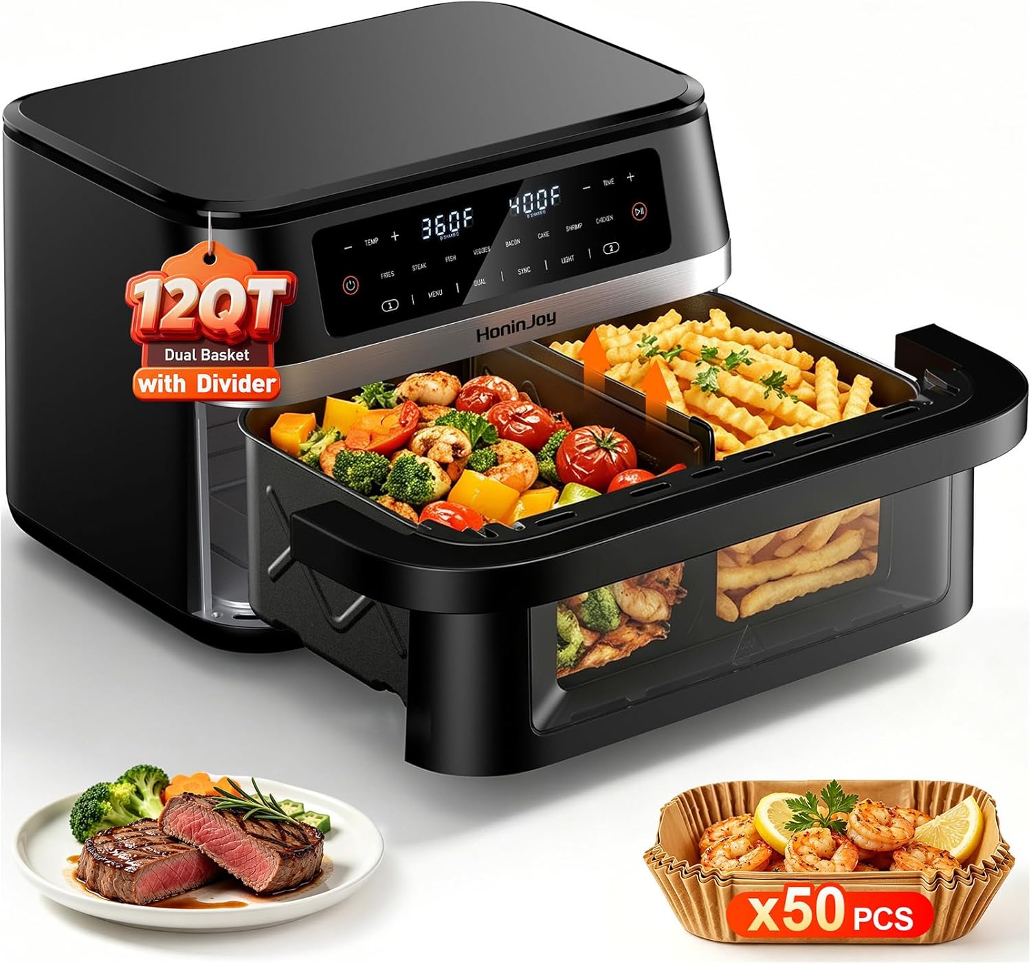 Dual Basket Air Fryers with Flex Basket, 12QT Double Air Fryer with Viewing Window & 50PCS Paper Liners, for 10 People, 12-in-1 Digital Panel with Sync & Light, for Bake, Roast, Reheat,Dishwasher Safe
