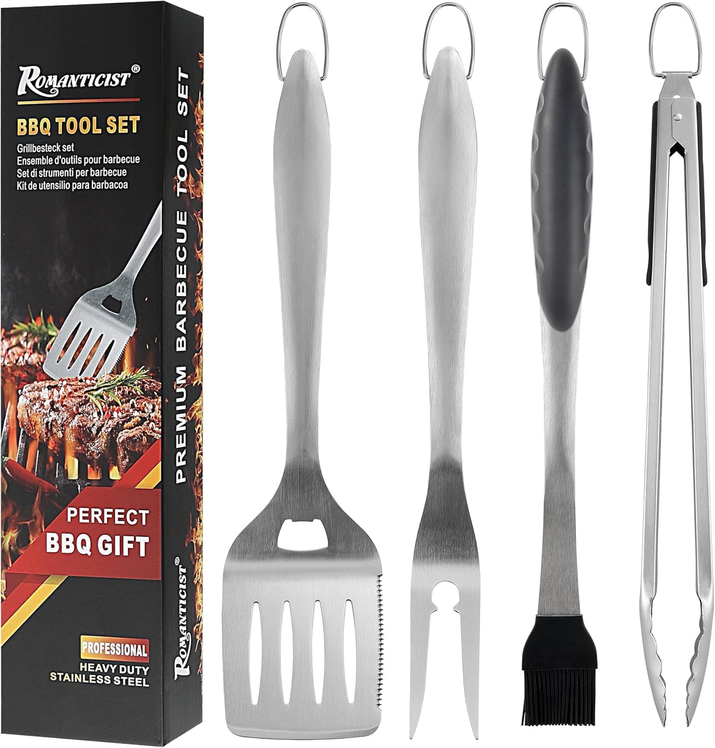 ROMANTICIST 4pcs Heavy Duty Grill Accessories for Top Chef – Professional Grill Tool Set & Basic BBQ Tools for Backyard Restaurant Outdoor Kitchen – Deluxe Grill Gift for Dad on Father’s Day Christmas