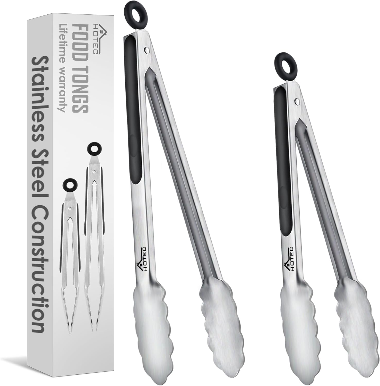 Hotec Stainless Steel Kitchen Tongs, Set of 2-9″ and 12″, Locking Metal Food Tongs for Cooking, Serving, BBQ, Grill Non-Slip Grip