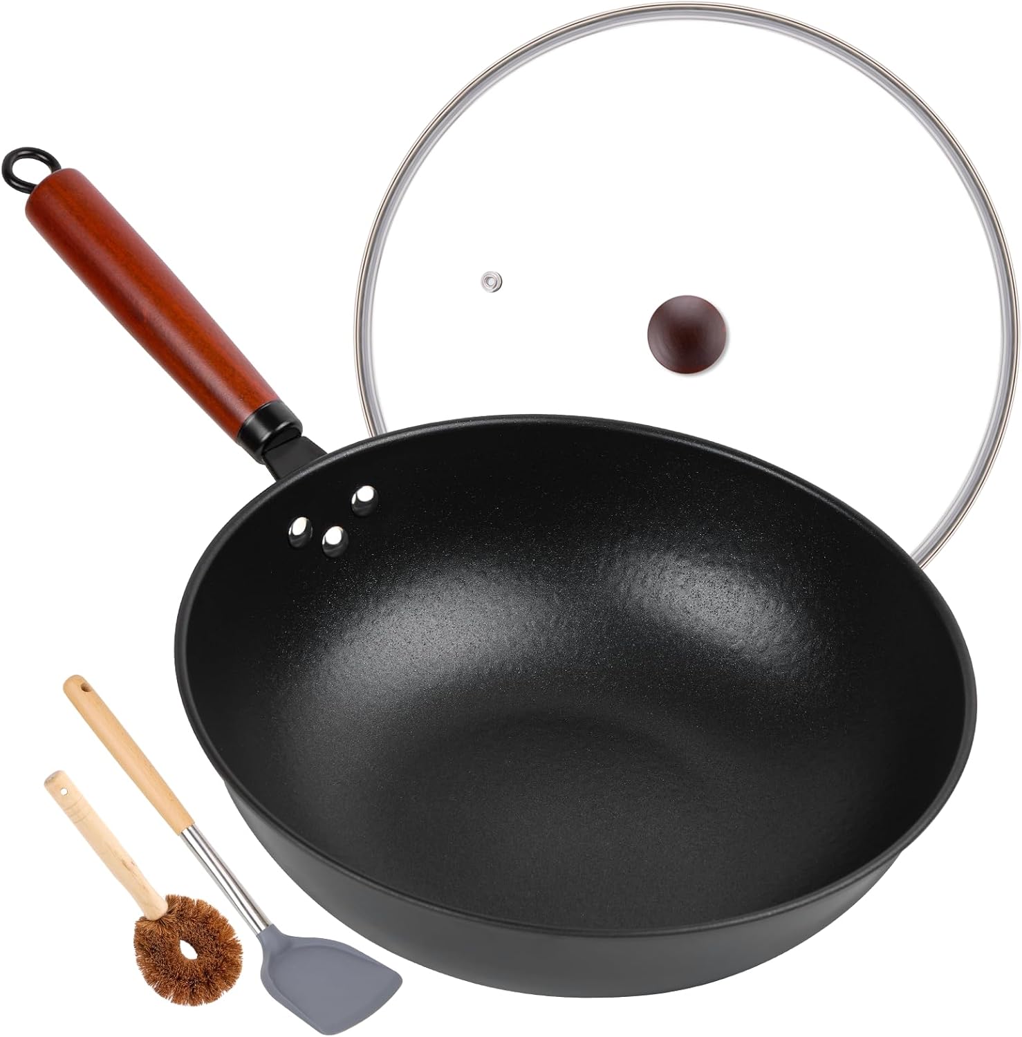 13″ Nonstick Wok – Wok Pan with Glass Cover, Carbon Steel Woks & Stir-Fry Pans: Flat Bottom Chinese woks for Electric, Induction, Gas, All Stoves