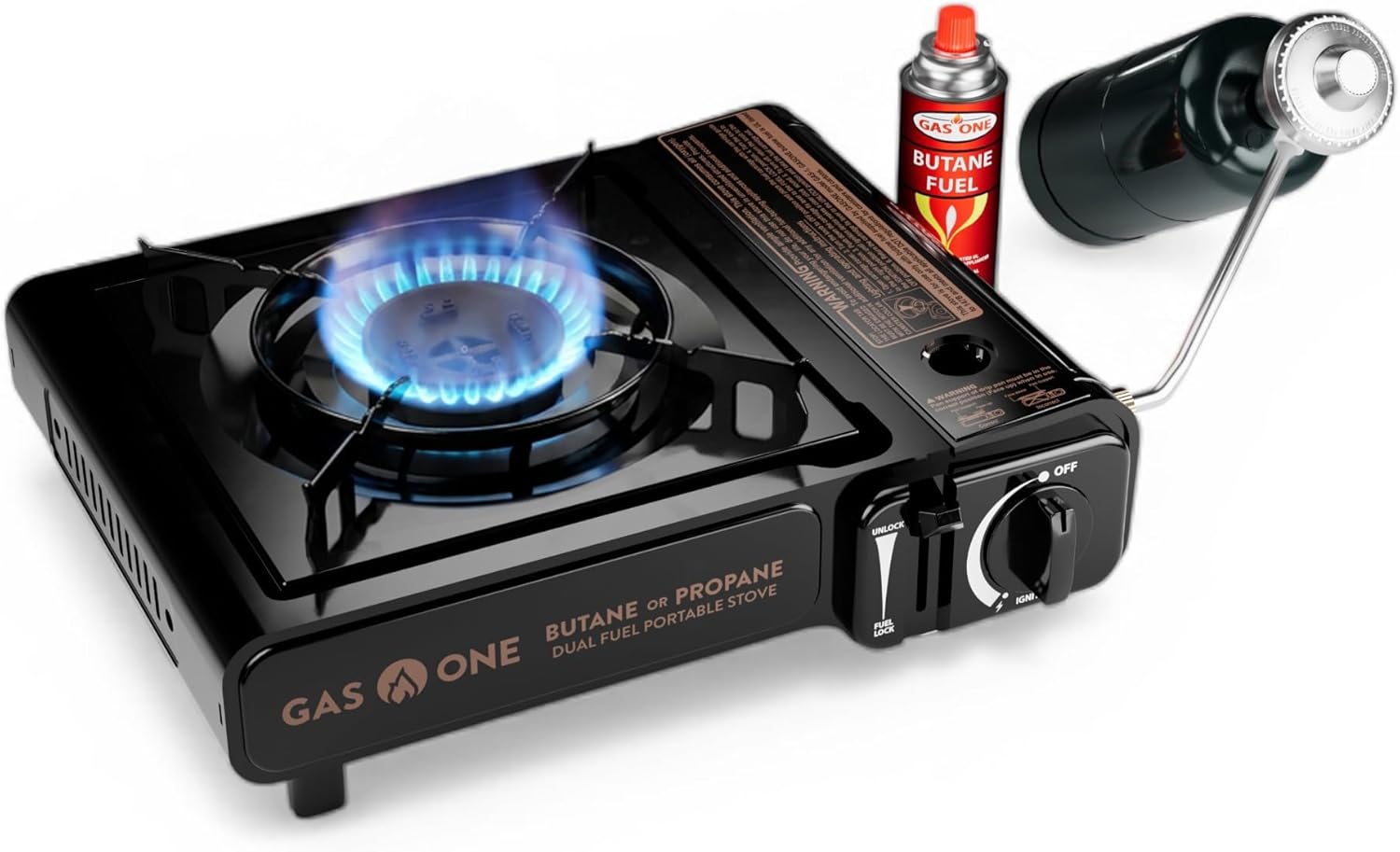 GasOne 10,000 BTU Dual Fuel Camp Stove – Butane and Propane Burner Portable Stove Camping Grill with Adjustable Heat Dial, Carry Case, Automatic Electric Ignition – Safe and Durable Construction