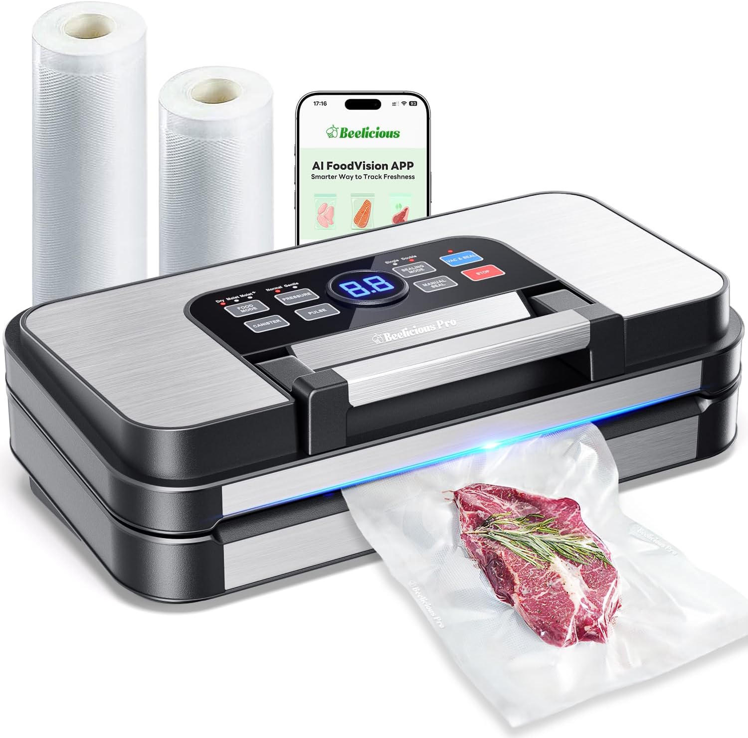 95Kpa Precision Pro Vacuum Sealer, with Double Heat Seal & Dual-Pump for Dry/Moist Food, 2X Strength, Food Vacuum Sealer Machine with Easy-Lock Handle, Built-in Cutter & Bag Storage, Stainless Steel
