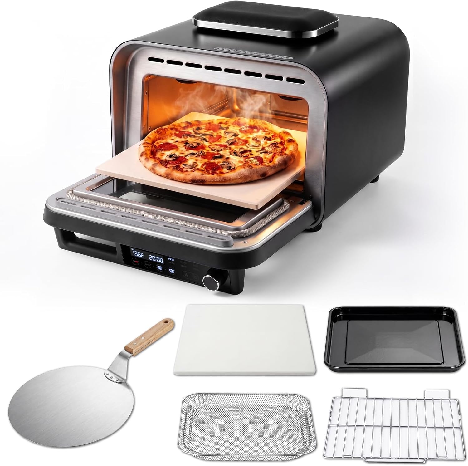 KINGWISE Convection Pizza Oven Electric, IPX4 Waterproof Countertop Air Fryer Oven, Fits 13-Inch Pizza, Heats up to 750℉, 6 Cooking Functions and 5 Pizza Presets, Pizza Stone & Pizza Peel Included